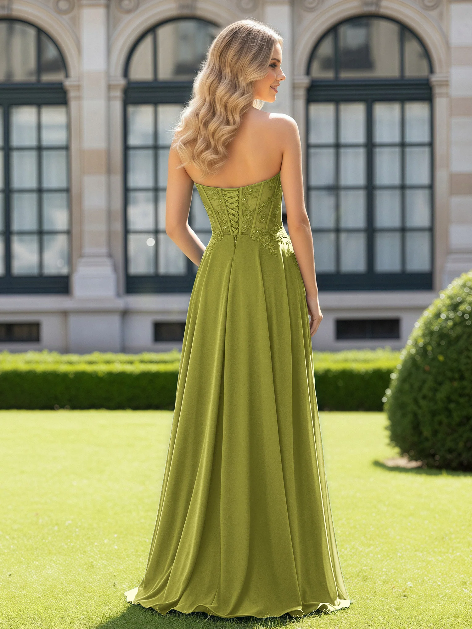 Pleated Sweetheart Applique Corset Dress With Slit Clover - Image 2