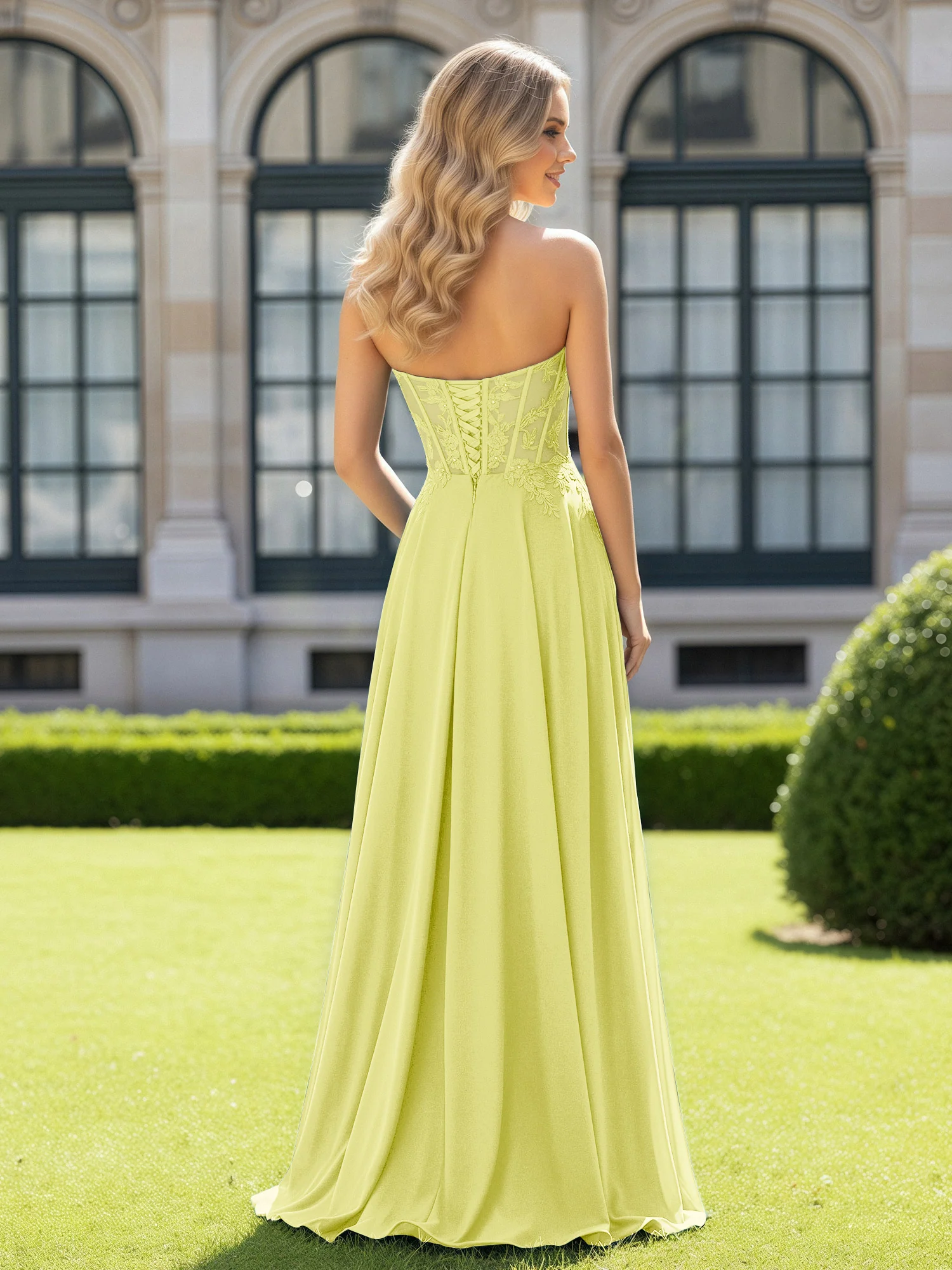 Pleated Sweetheart Applique Corset Dress With Slit Daffodil - Image 2