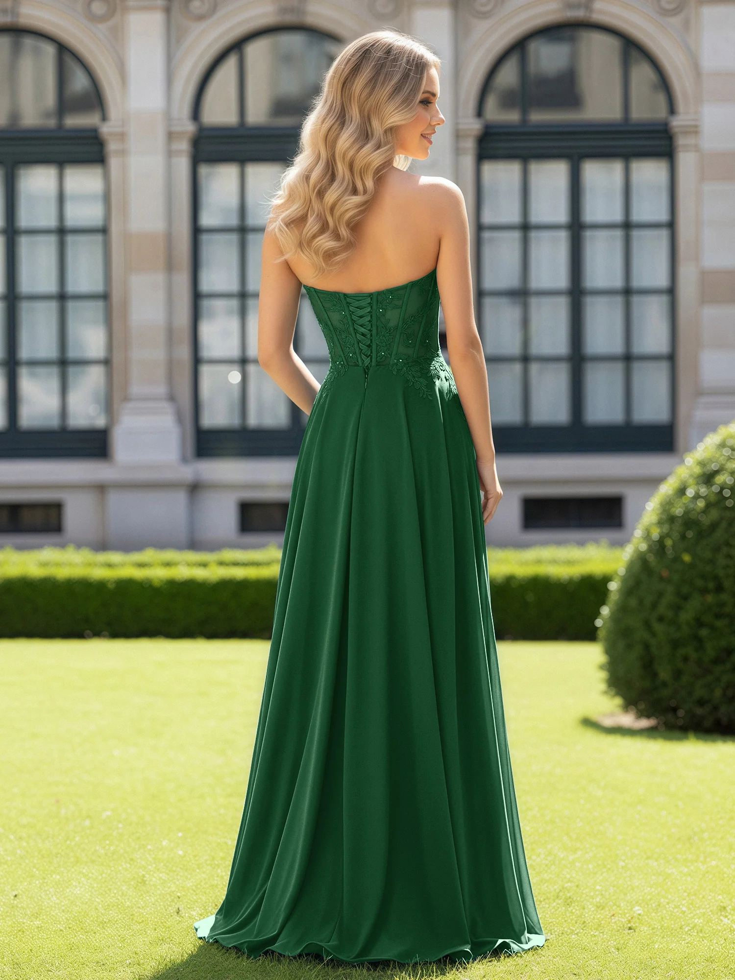Pleated Sweetheart Applique Corset Dress With Slit Dark Green - Image 2