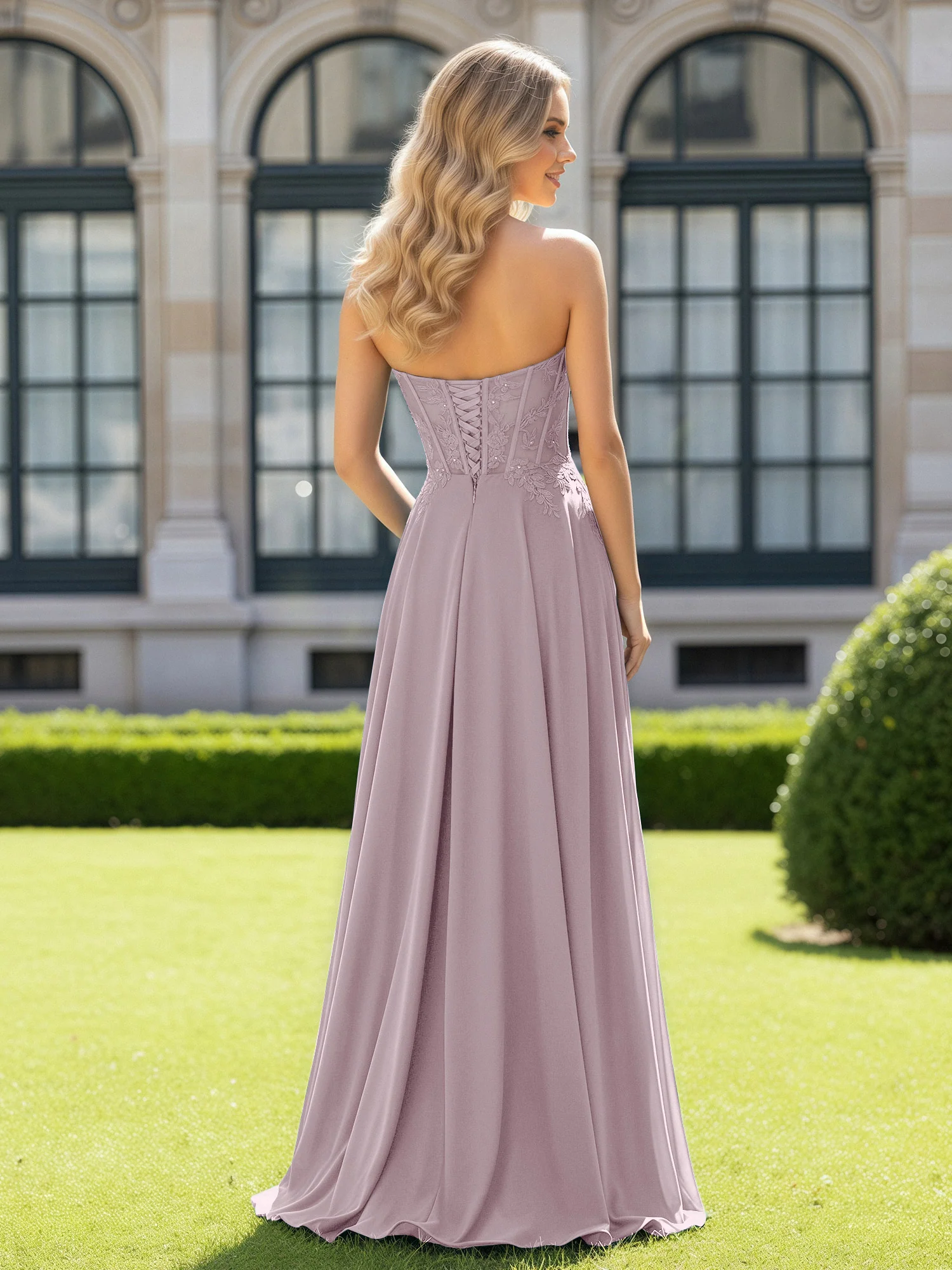 Pleated Sweetheart Applique Corset Dress With Slit Dusk - Image 2