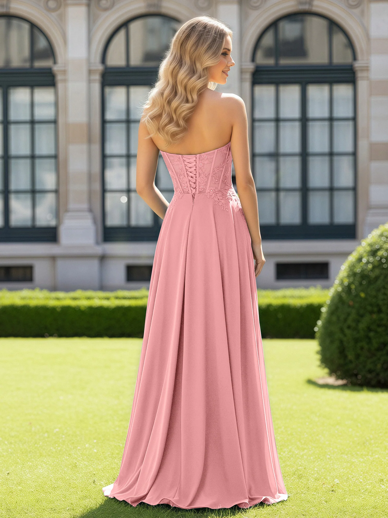 Pleated Sweetheart Applique Corset Dress With Slit Flamingo - Image 2
