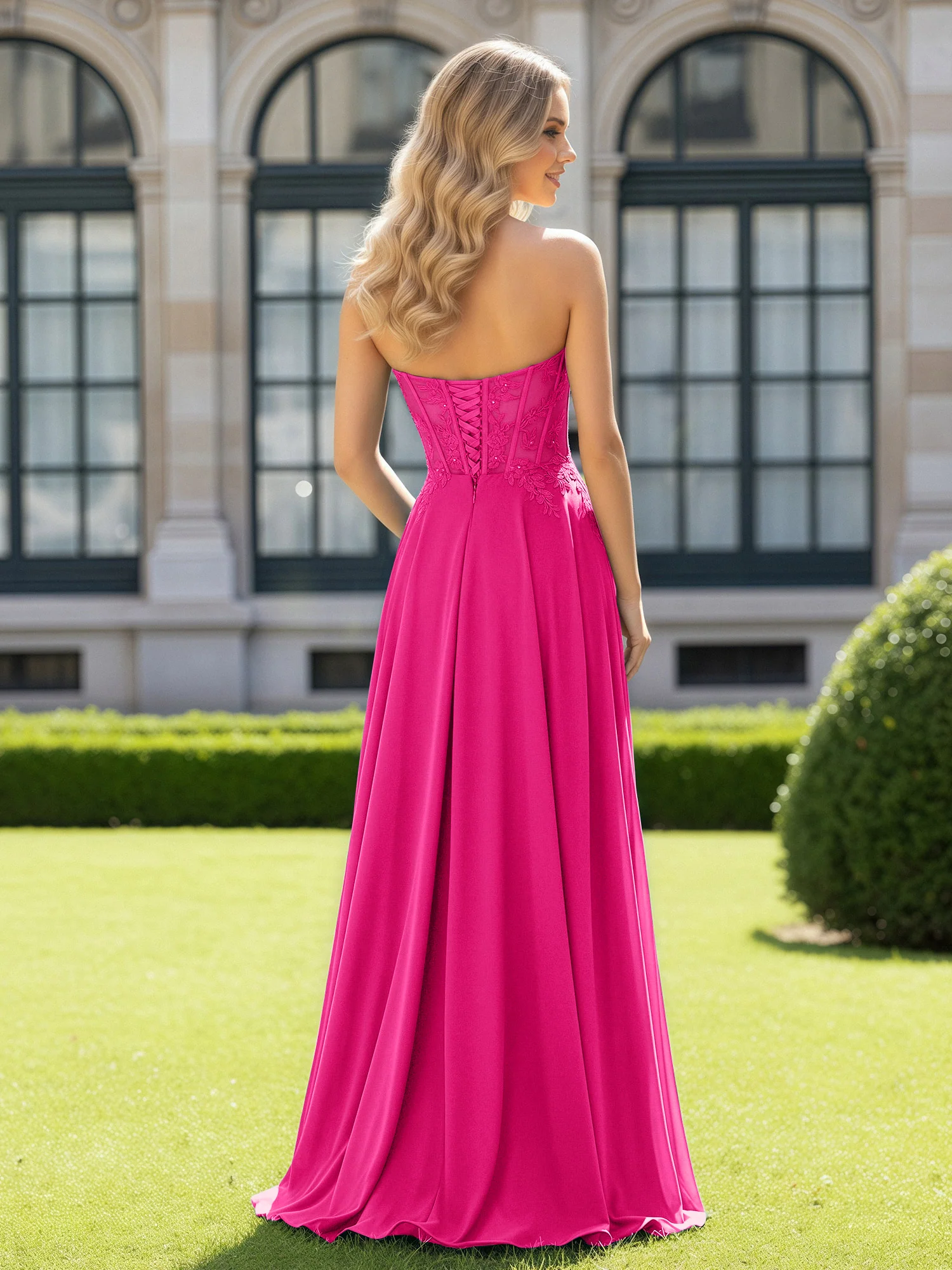 Pleated Sweetheart Applique Corset Dress With Slit Fuchsia - Image 2