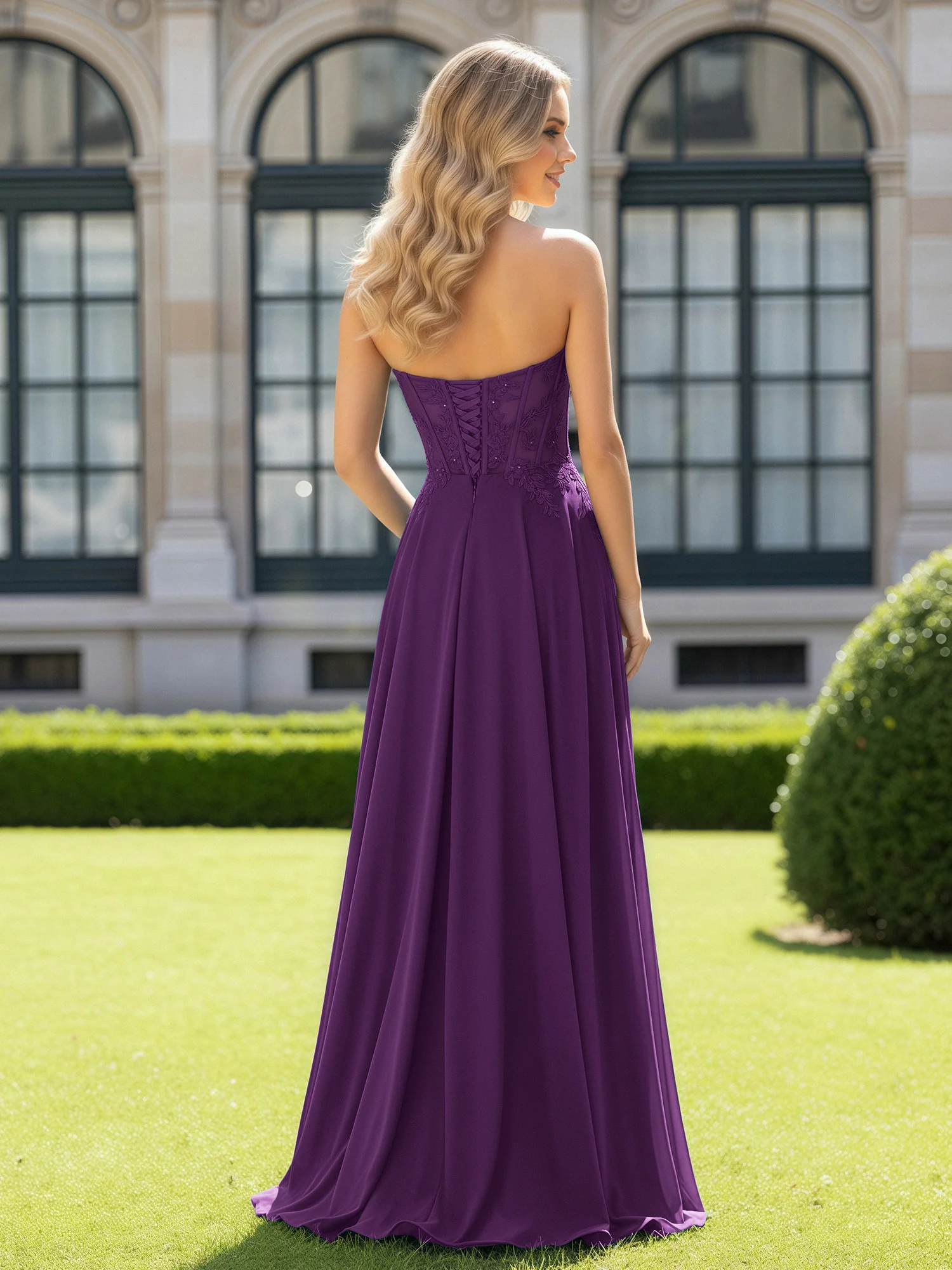 Pleated Sweetheart Applique Corset Dress With Slit Grape - Image 2