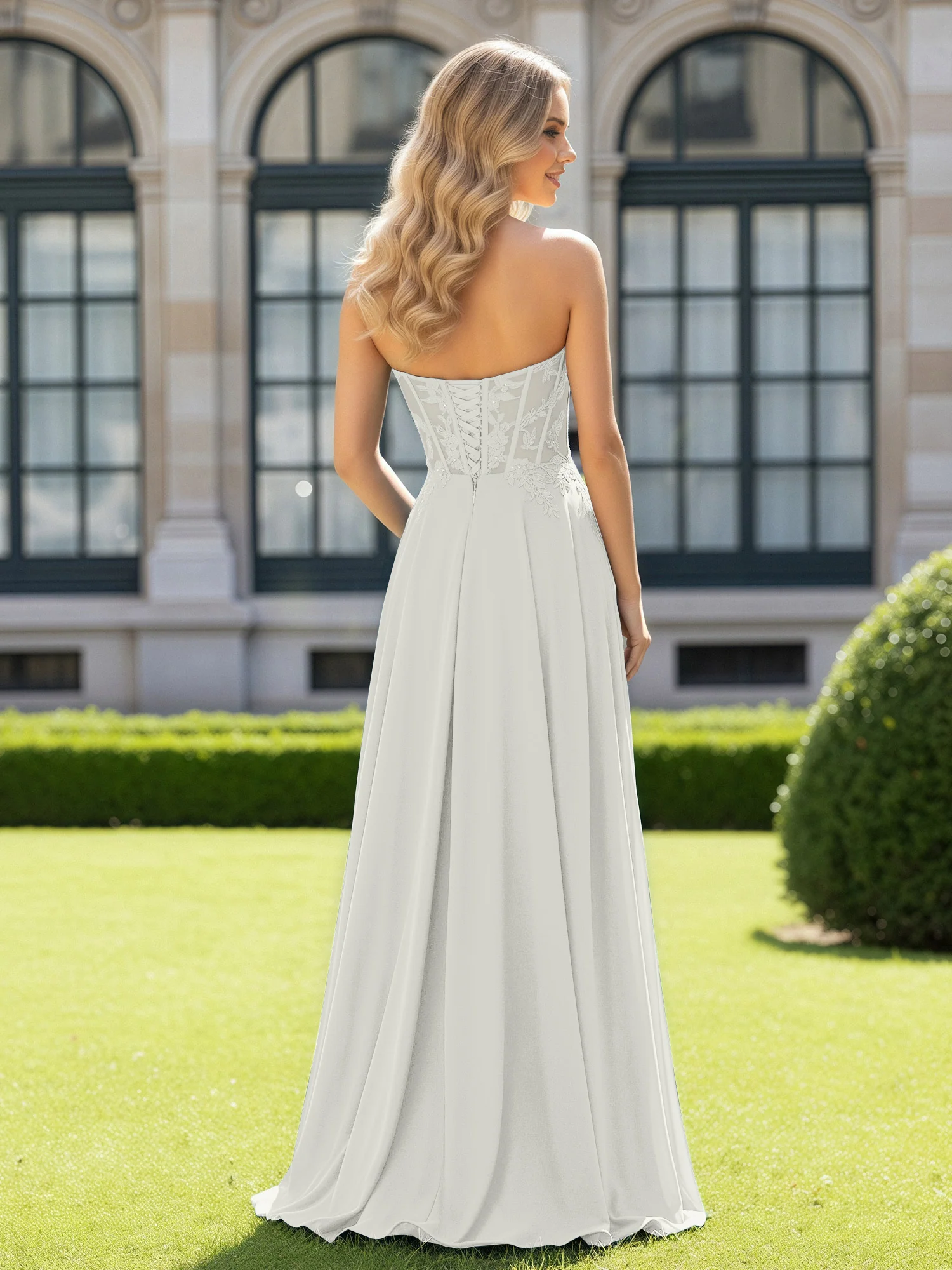 Pleated Sweetheart Applique Corset Dress With Slit Ivory - Image 2