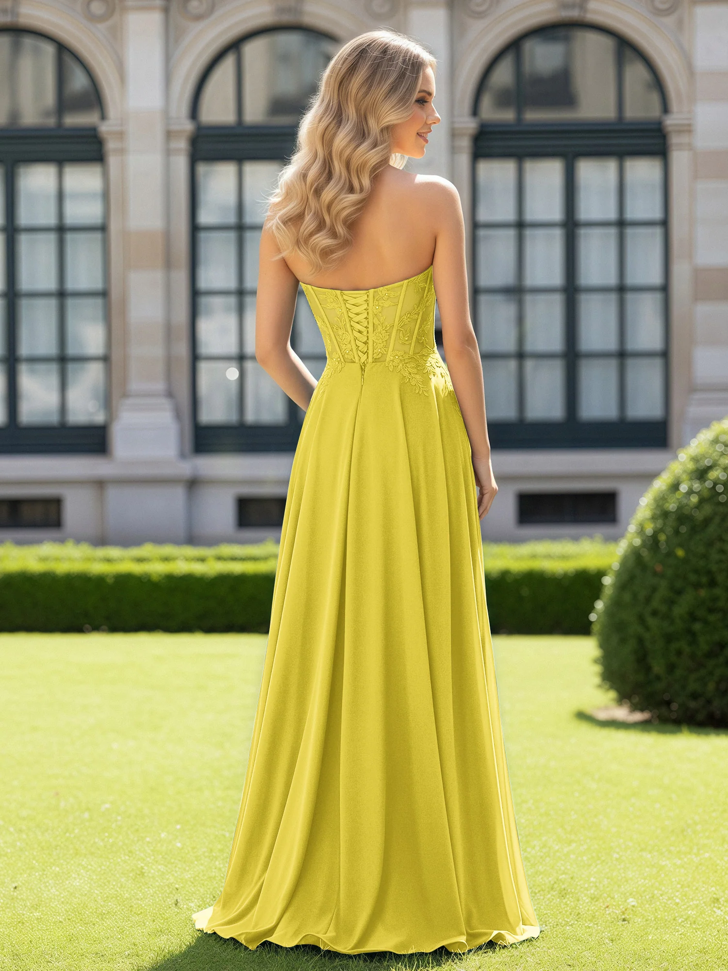 Pleated Sweetheart Applique Corset Dress With Slit Lemon - Image 2