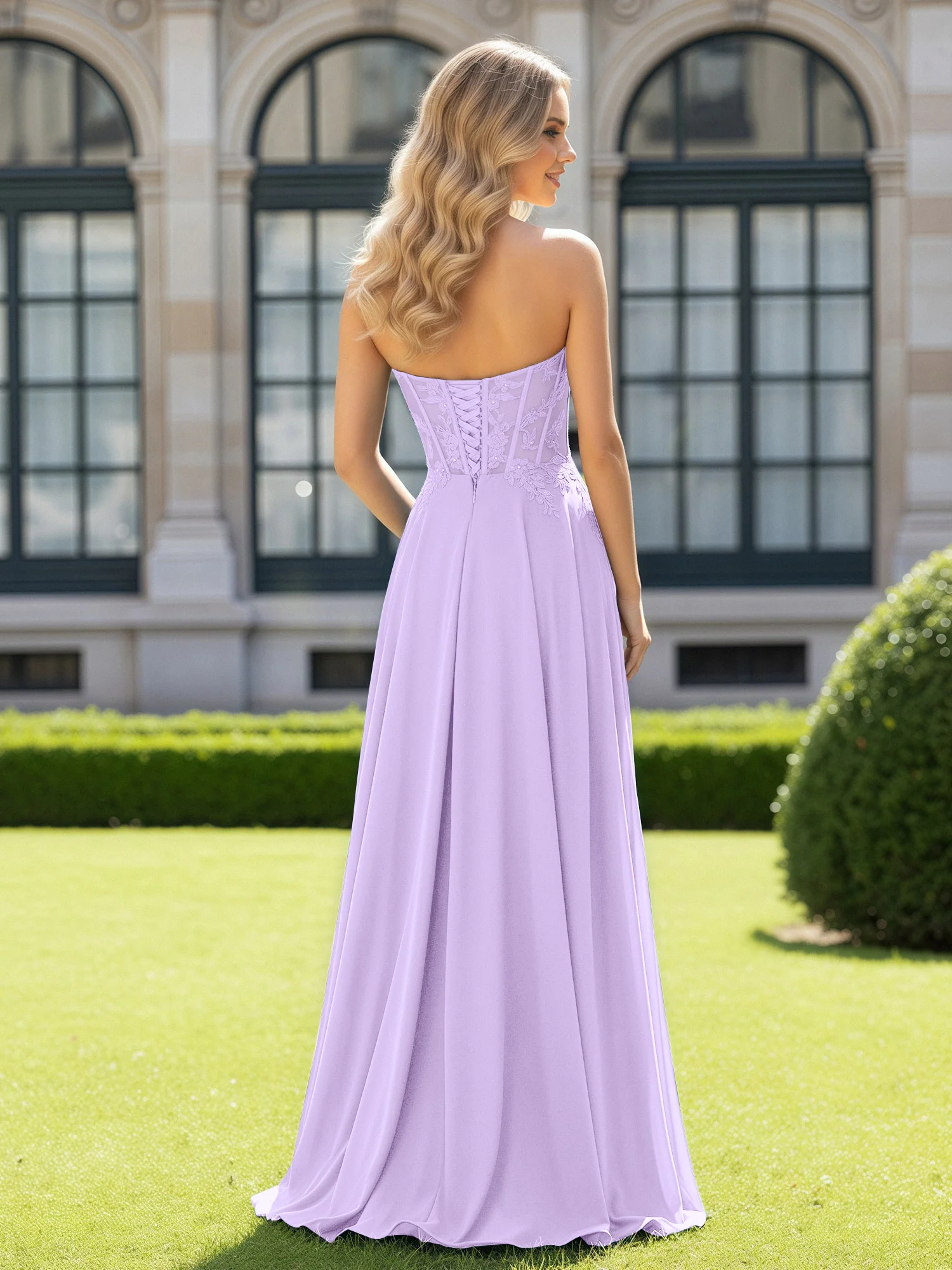 Pleated Sweetheart Applique Corset Dress With Slit Lilac - Image 2