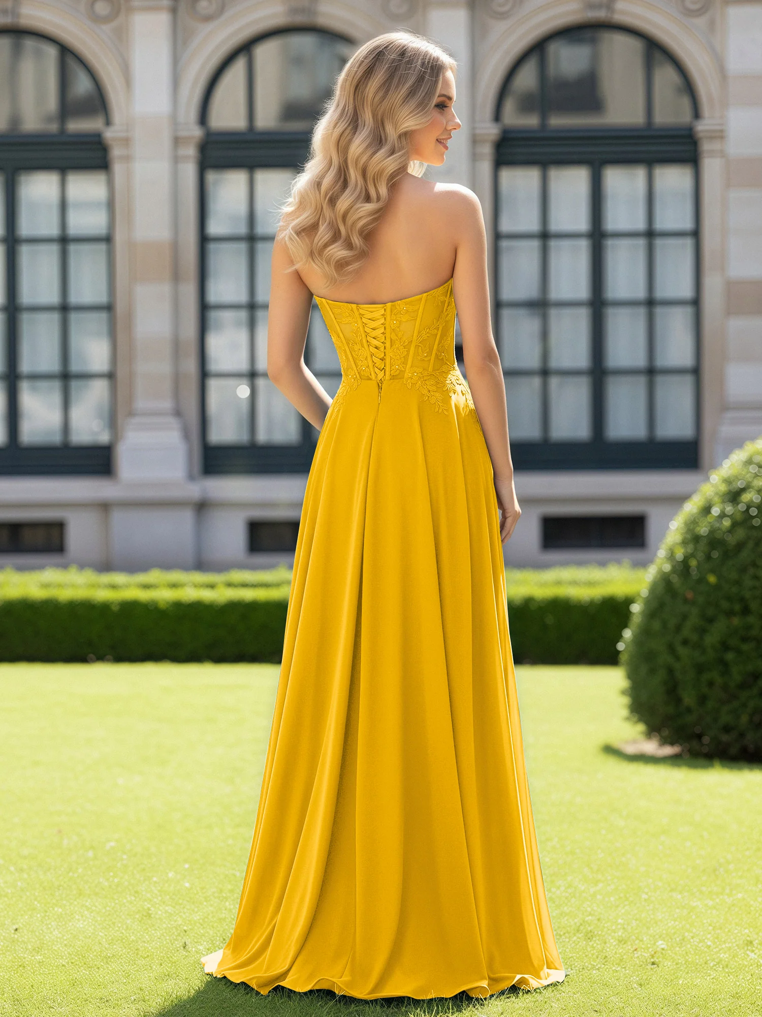 Pleated Sweetheart Applique Corset Dress With Slit Marigold - Image 2