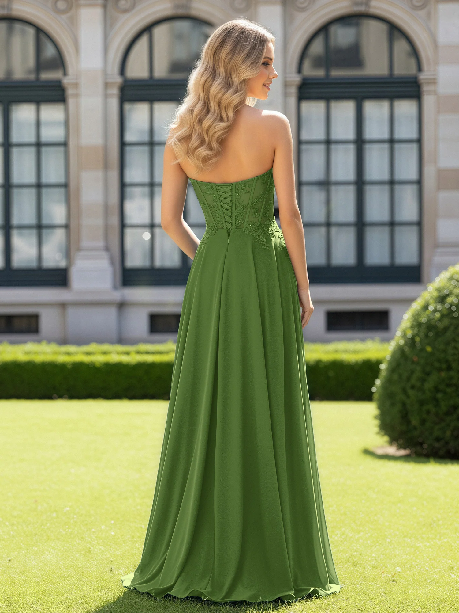 Pleated Sweetheart Applique Corset Dress With Slit Moss - Image 2