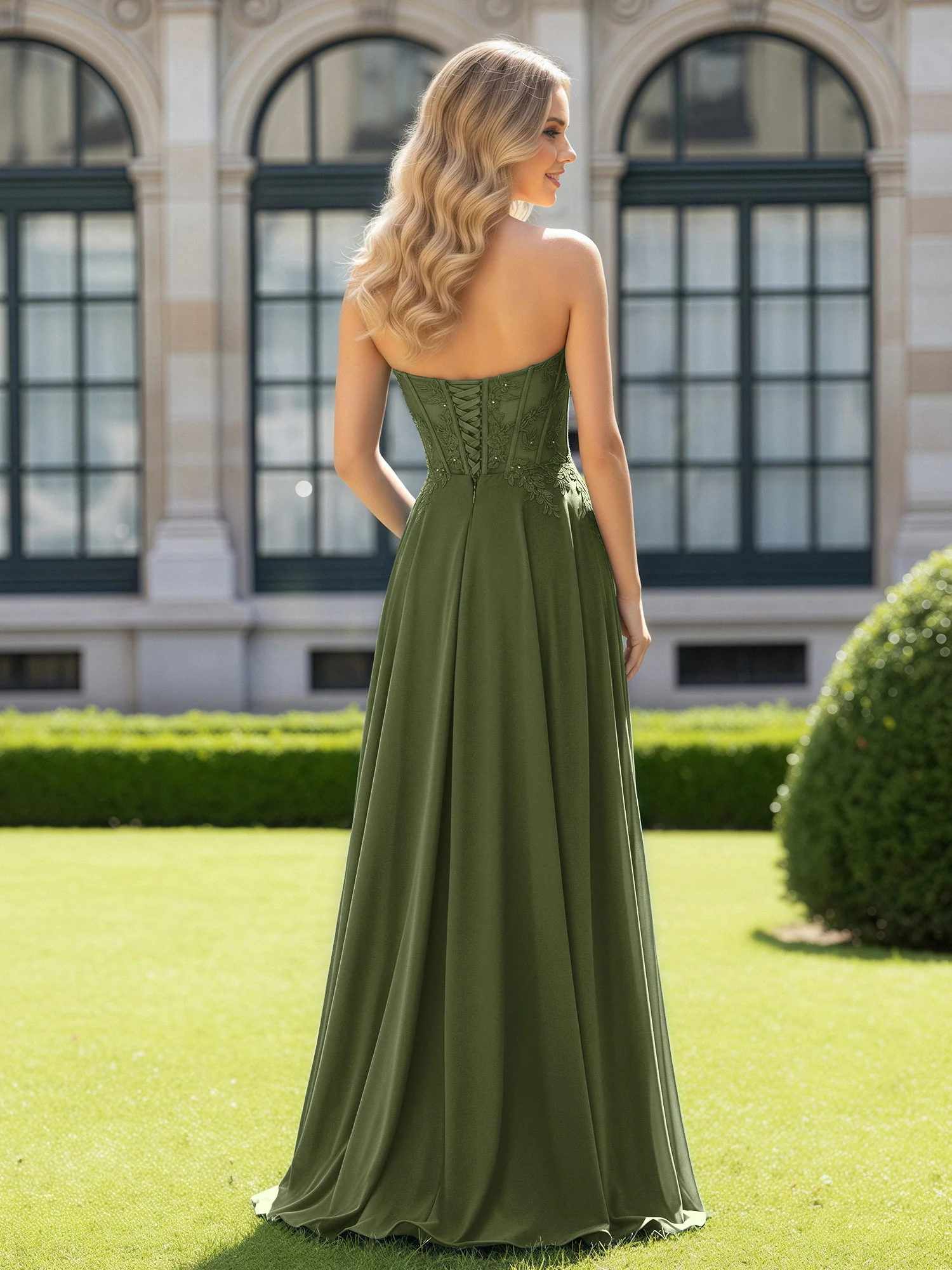 Pleated Sweetheart Applique Corset Dress With Slit Olive Green - Image 2
