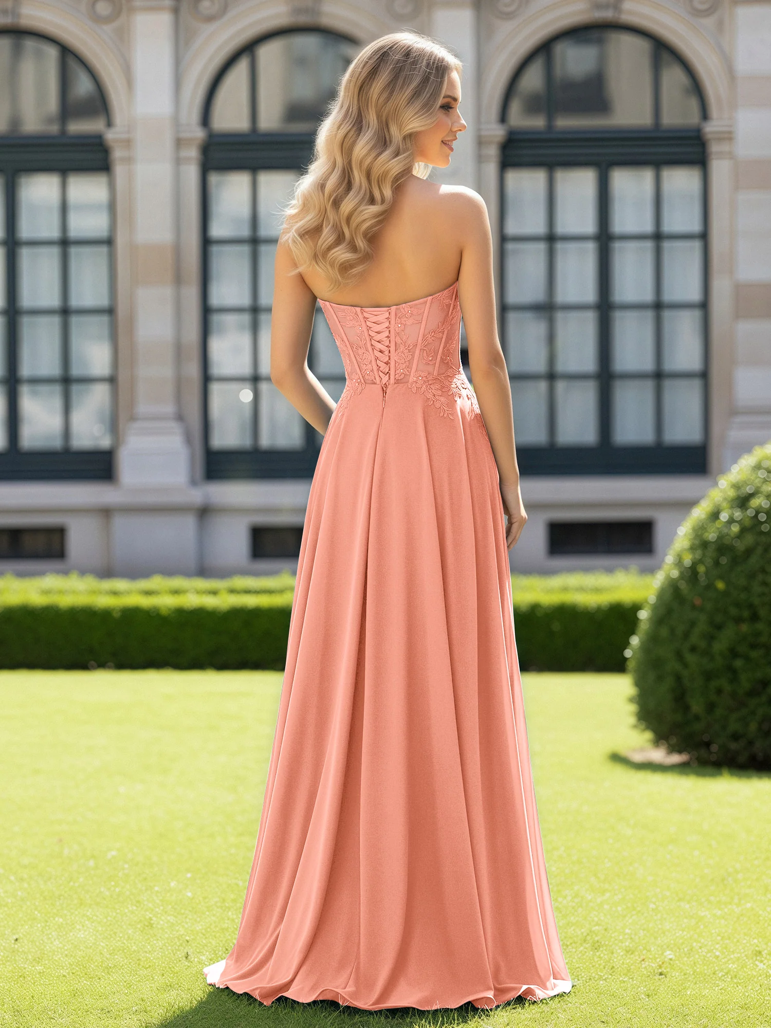 Pleated Sweetheart Applique Corset Dress With Slit Papaya - Image 2
