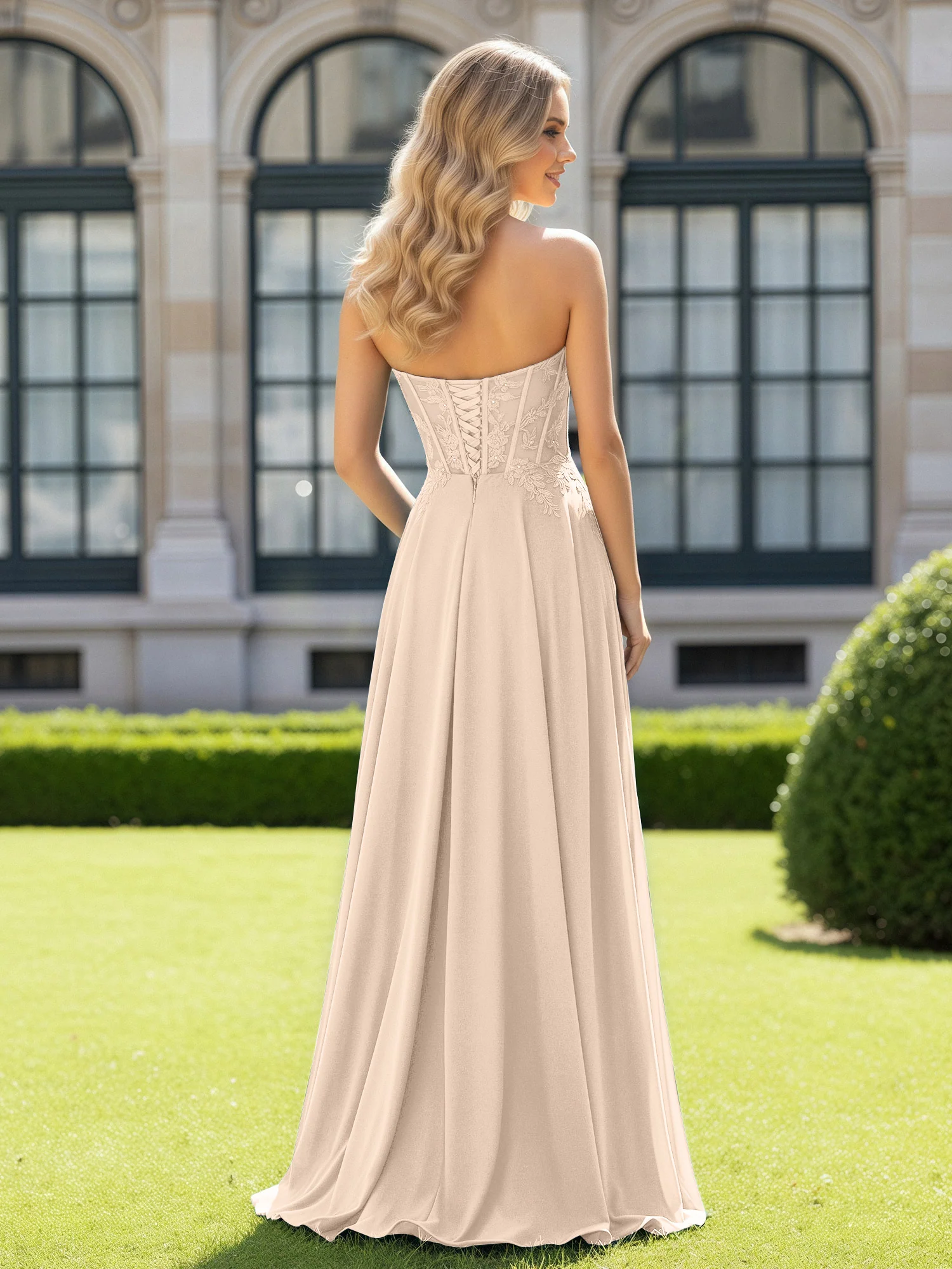 Pleated Sweetheart Applique Corset Dress With Slit Peach - Image 2