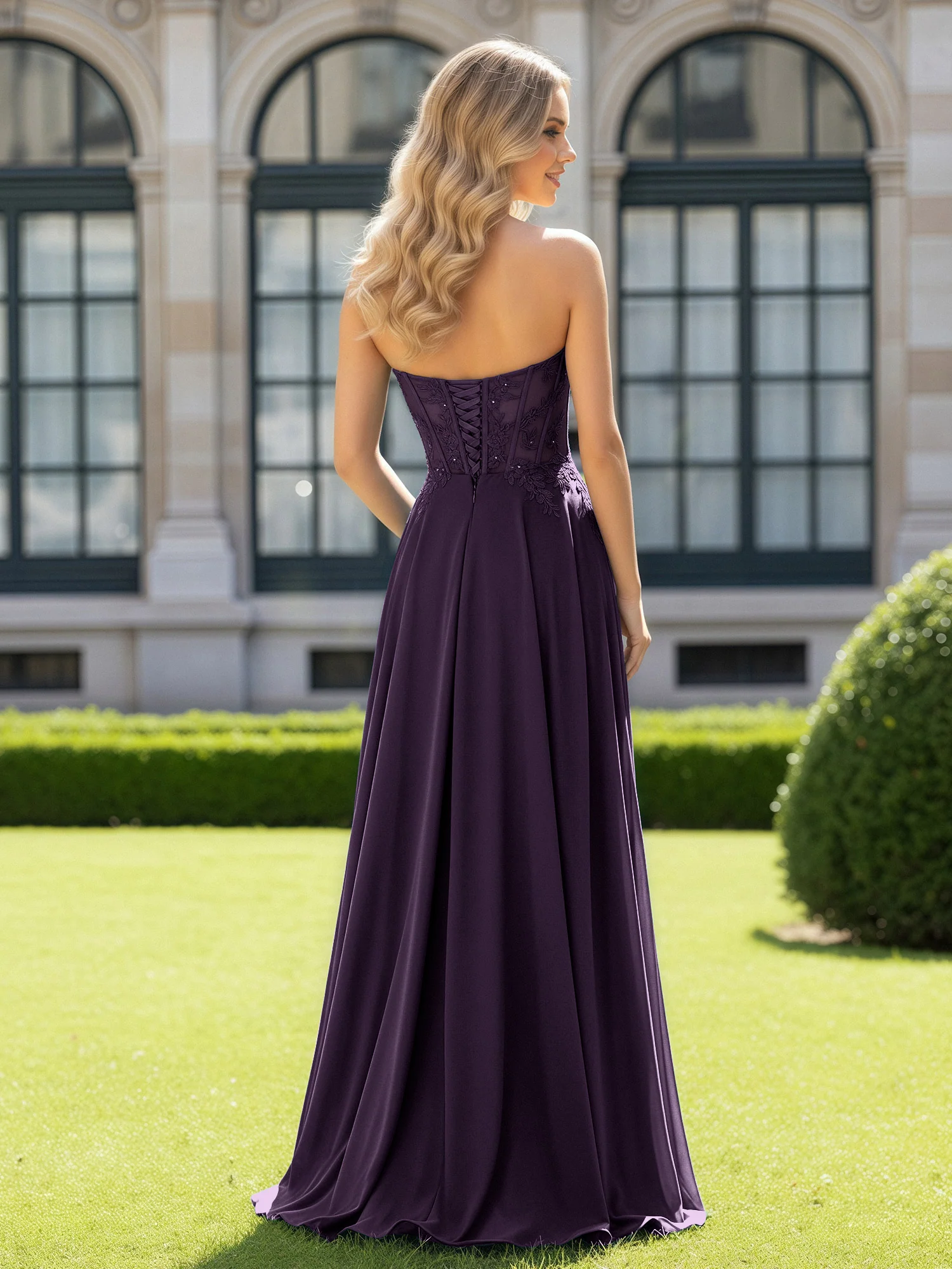 Pleated Sweetheart Applique Corset Dress With Slit Plum - Image 2