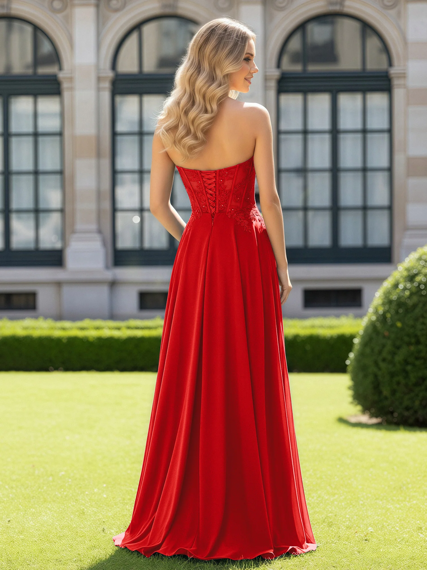 Pleated Sweetheart Applique Corset Dress With Slit Red - Image 2