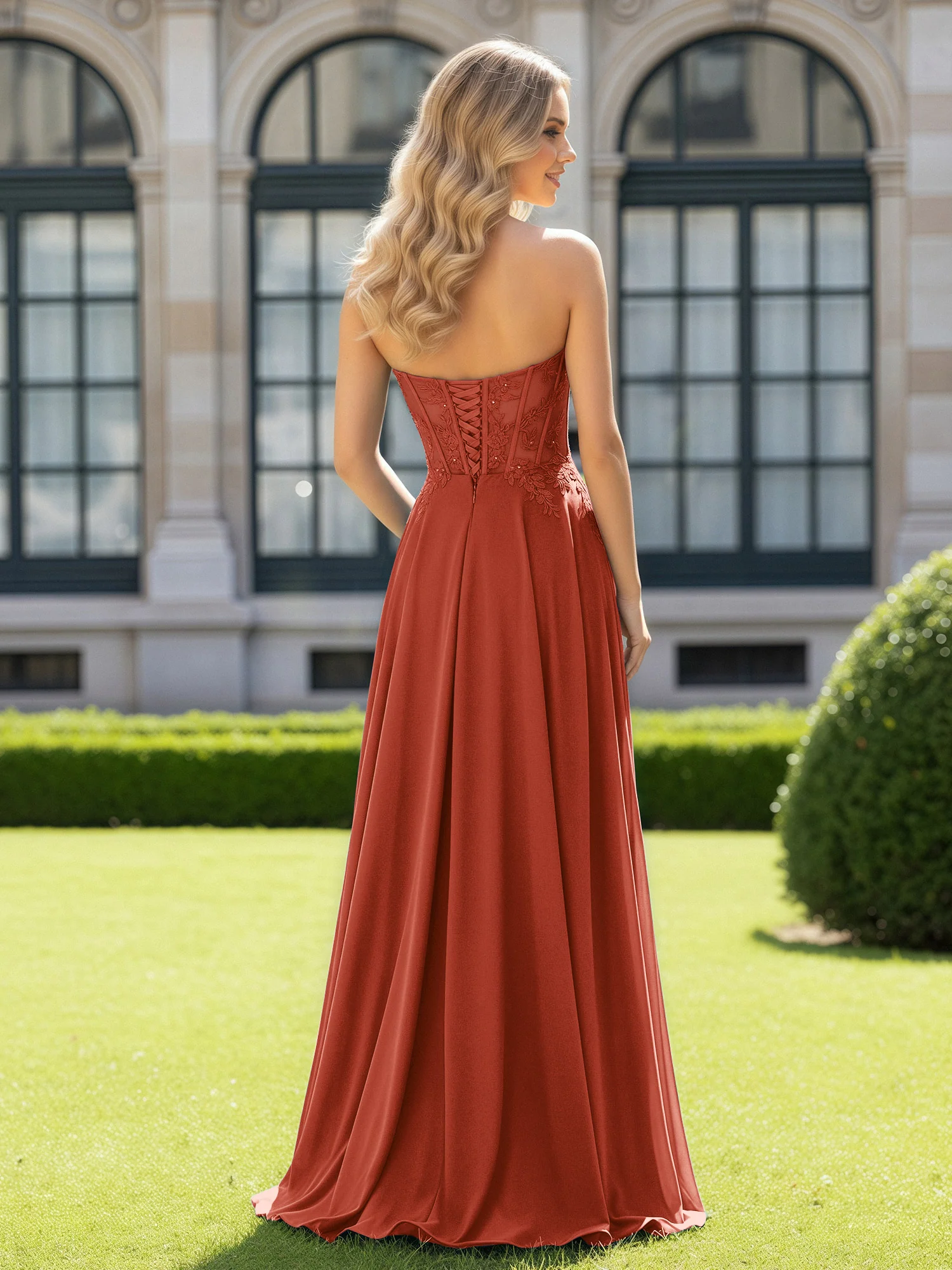 Pleated Sweetheart Applique Corset Dress With Slit Rust - Image 2