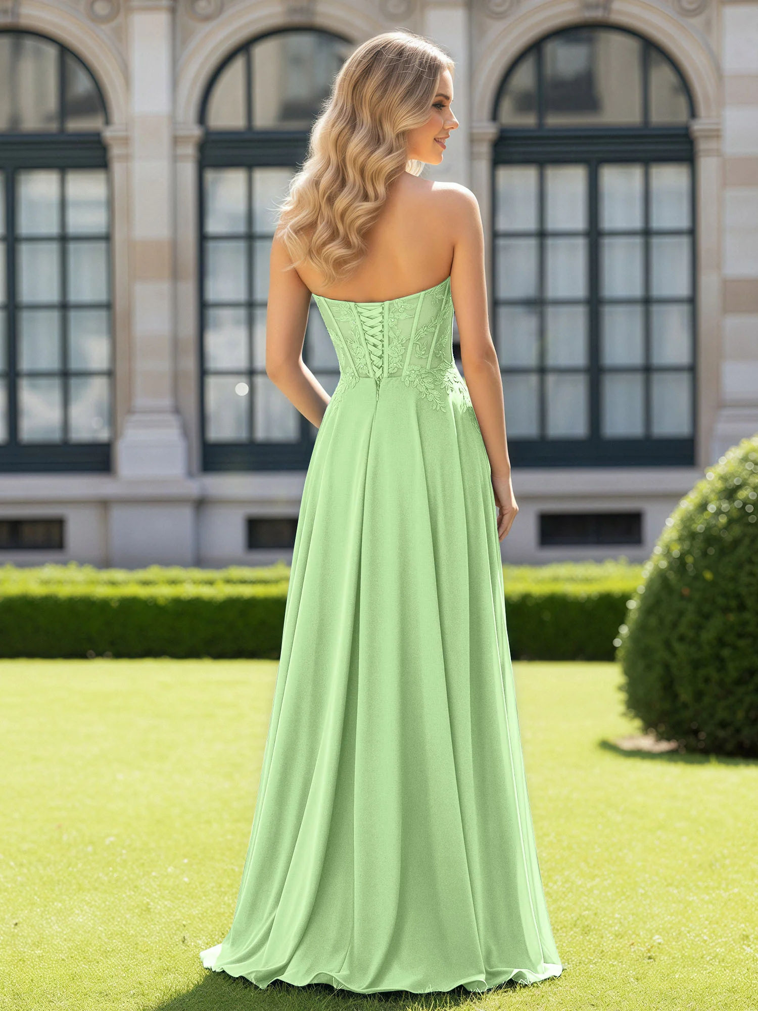 Pleated Sweetheart Applique Corset Dress With Slit Sage - Image 2