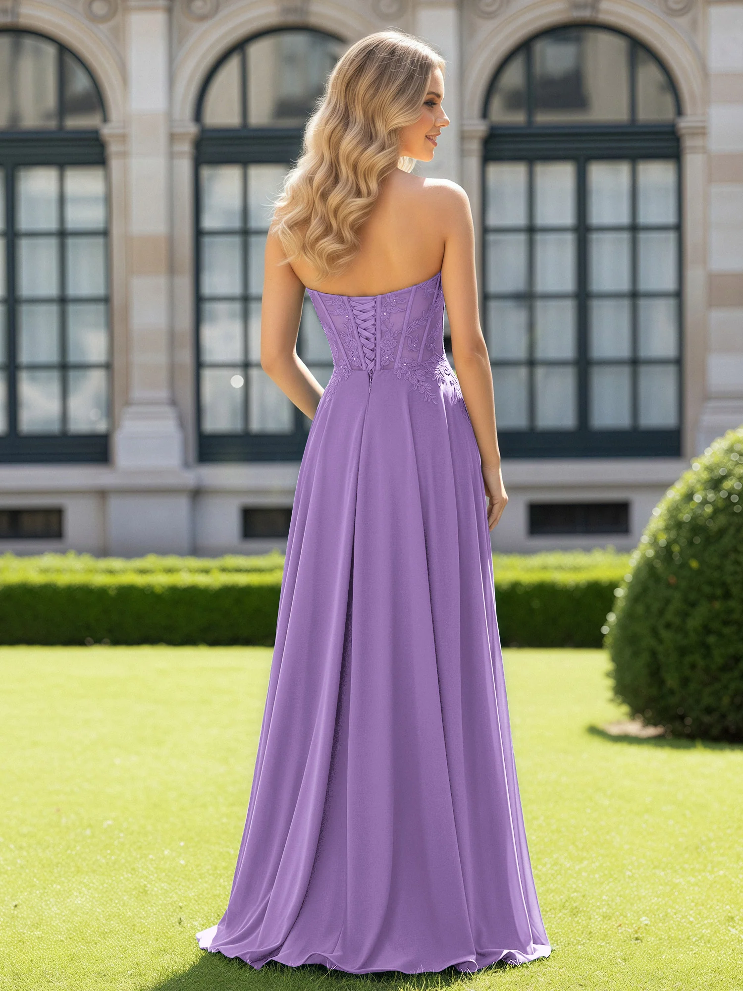 Pleated Sweetheart Applique Corset Dress With Slit Tahiti - Image 2