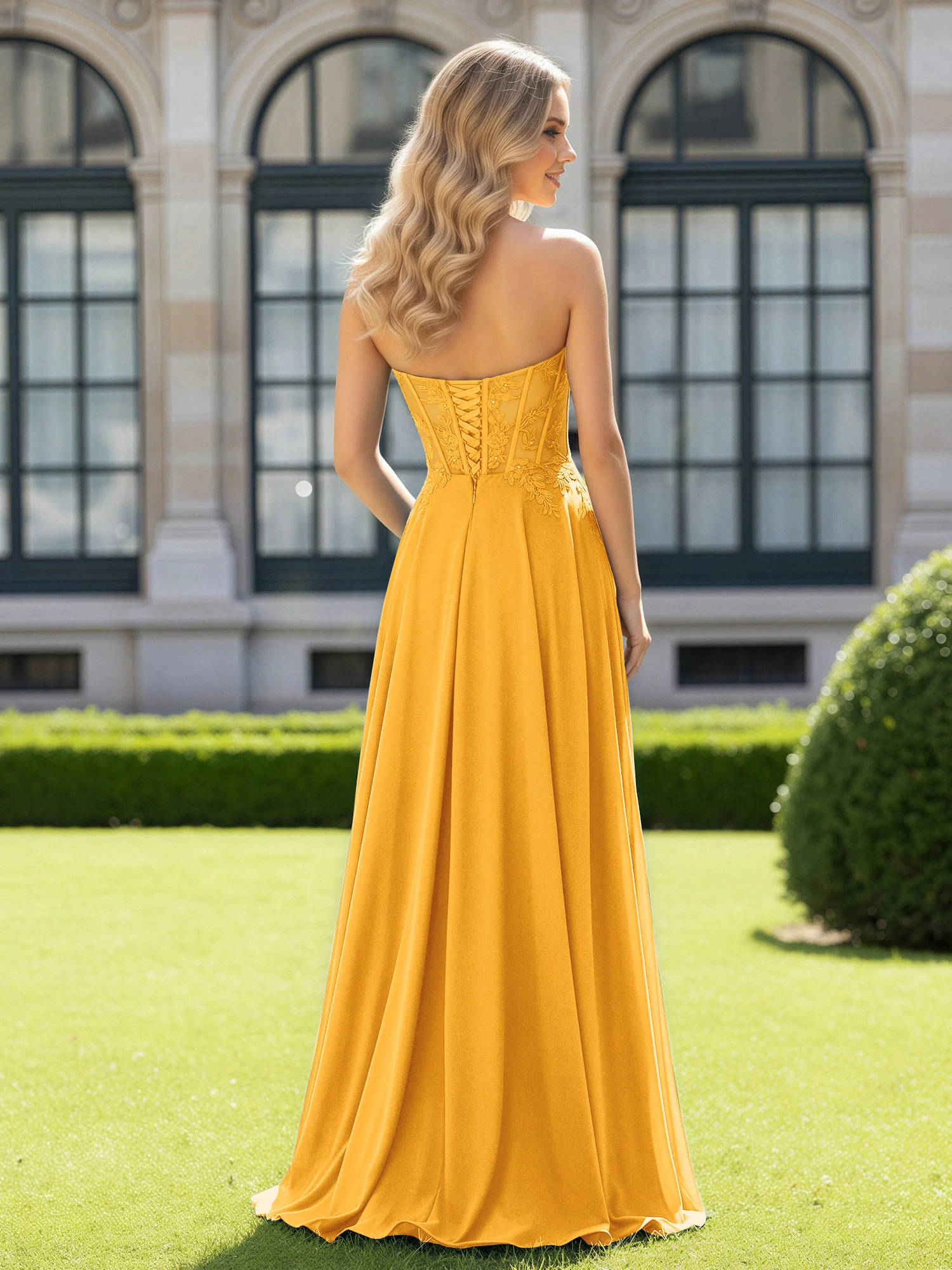 Pleated Sweetheart Applique Corset Dress With Slit Tangerine - Image 2