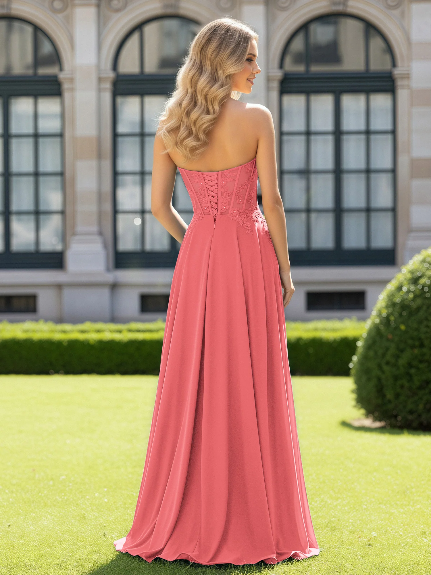 Pleated Sweetheart Applique Corset Dress With Slit Watermelon - Image 2