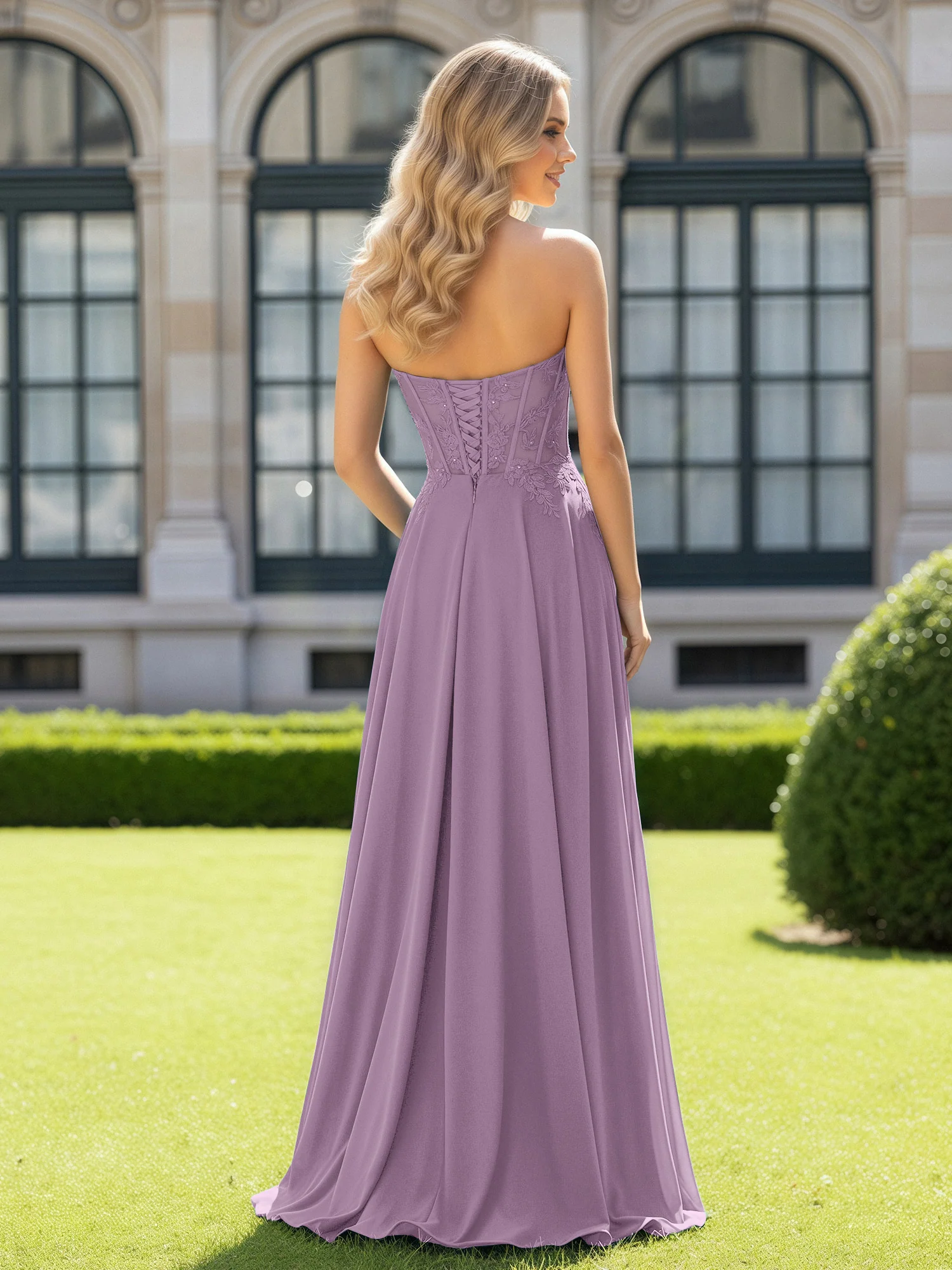 Pleated Sweetheart Applique Corset Dress With Slit Wisteria - Image 2