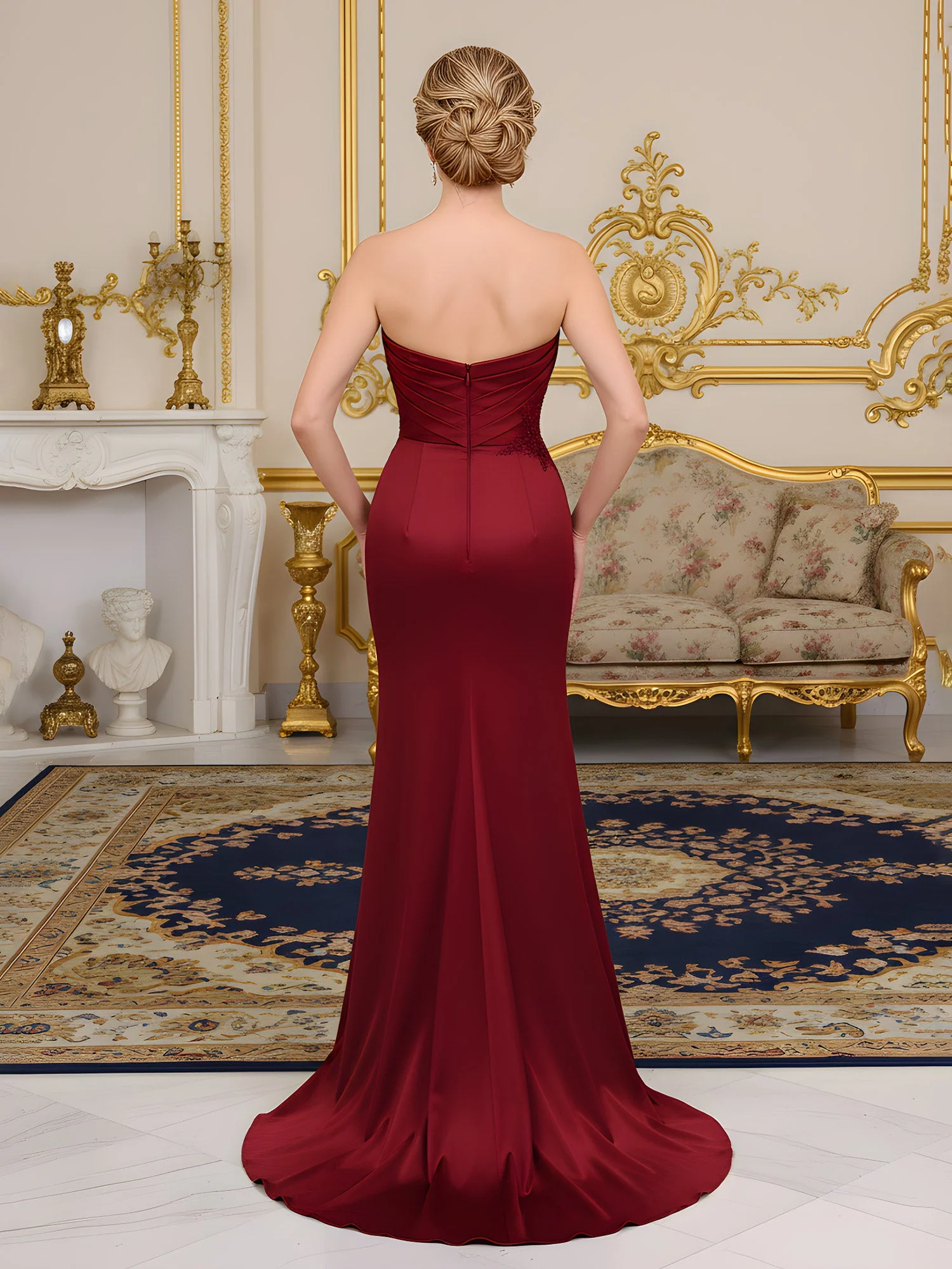 Pleated Sweetheart Corset Applique Dress With Slit Peach - Image 2