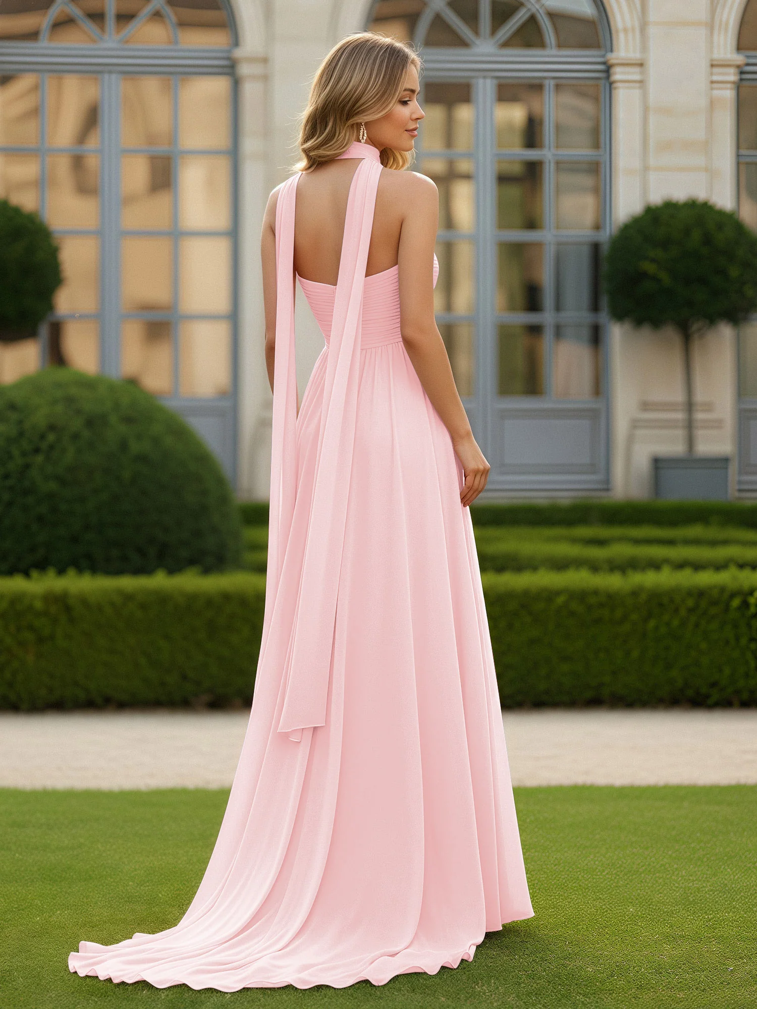 Pleated Sweetheart Neck A-line Chiffon Dress With Slit Blushing Pink - Image 2