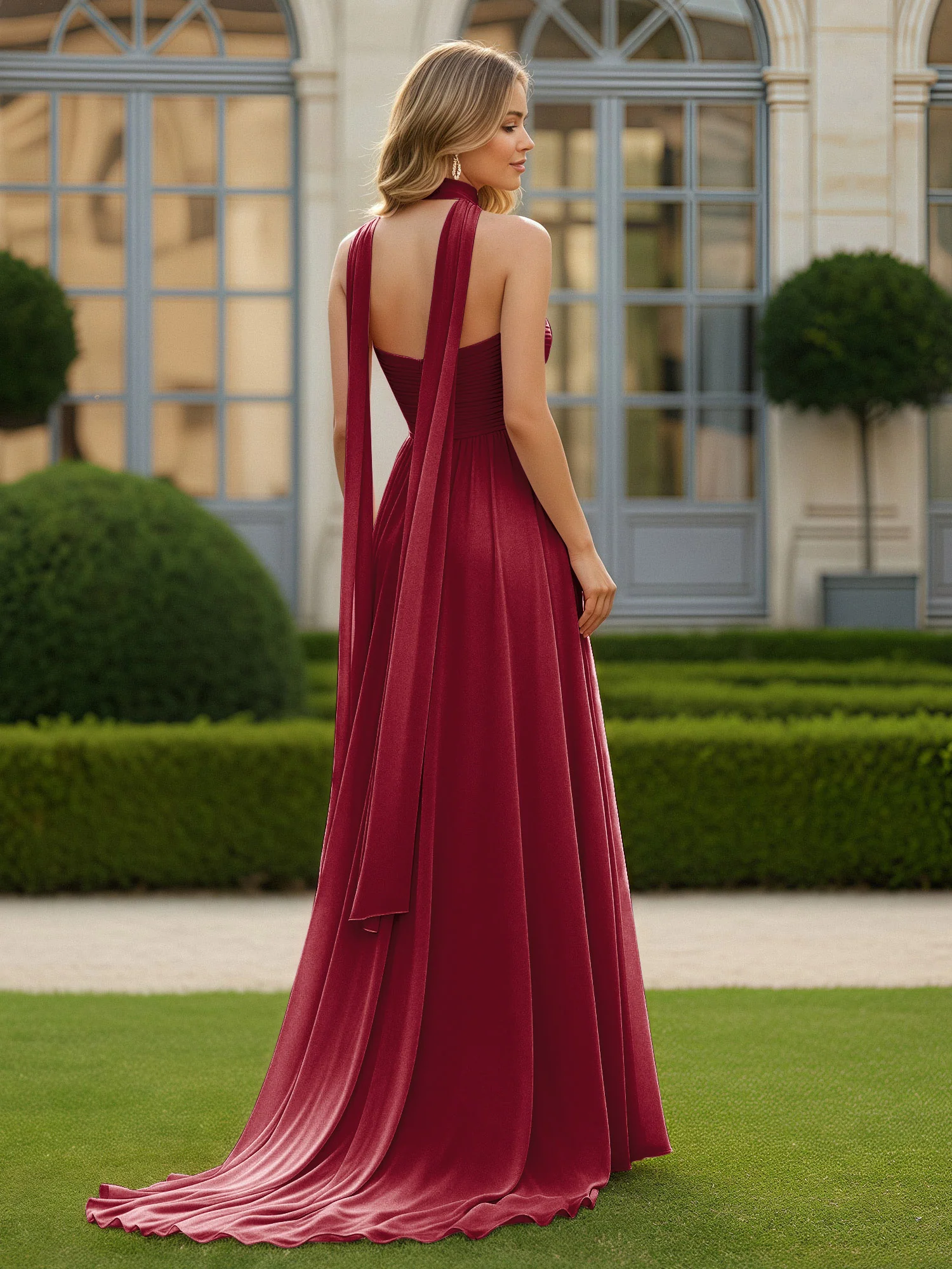 Pleated Sweetheart Neck A-line Chiffon Dress With Slit Burgundy - Image 2
