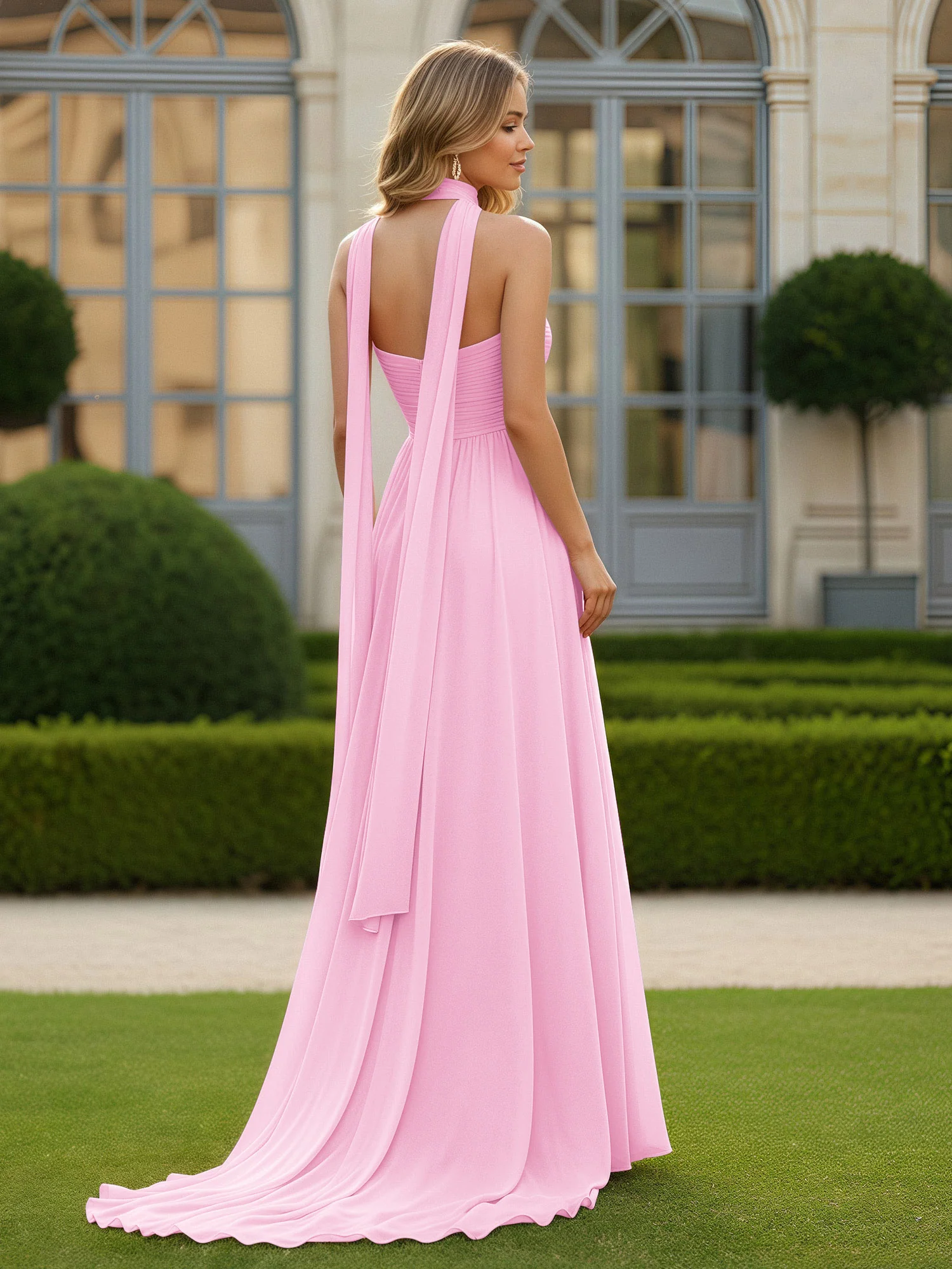 Pleated Sweetheart Neck A-line Chiffon Dress With Slit Candy Pink - Image 2