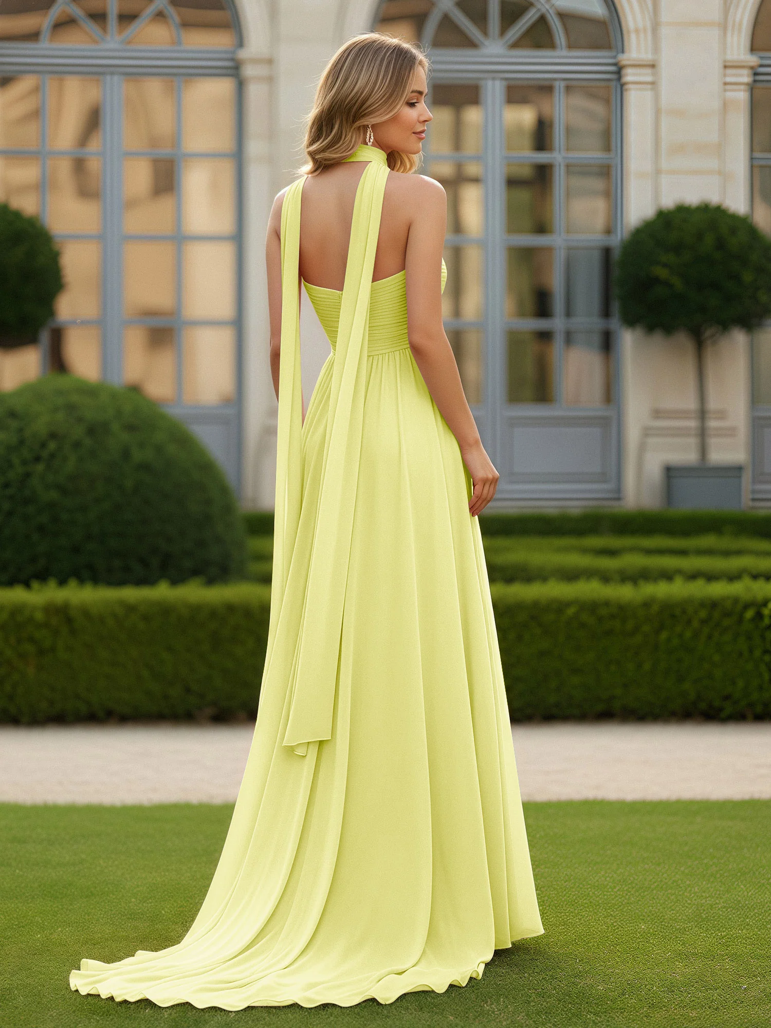 Pleated Sweetheart Neck A-line Chiffon Dress With Slit Daffodil - Image 2