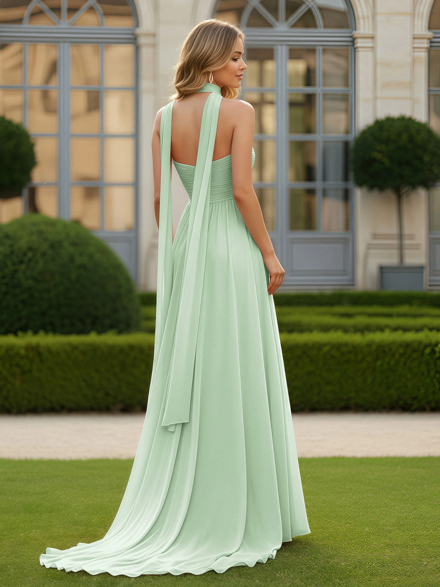 Pleated Sweetheart Neck A-line Chiffon Dress With Slit Dusty Sage - Image 2