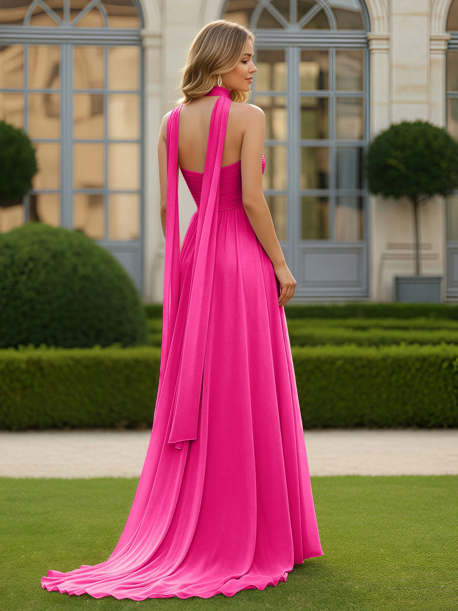 Pleated Sweetheart Neck A-line Chiffon Dress With Slit Fuchsia - Image 2