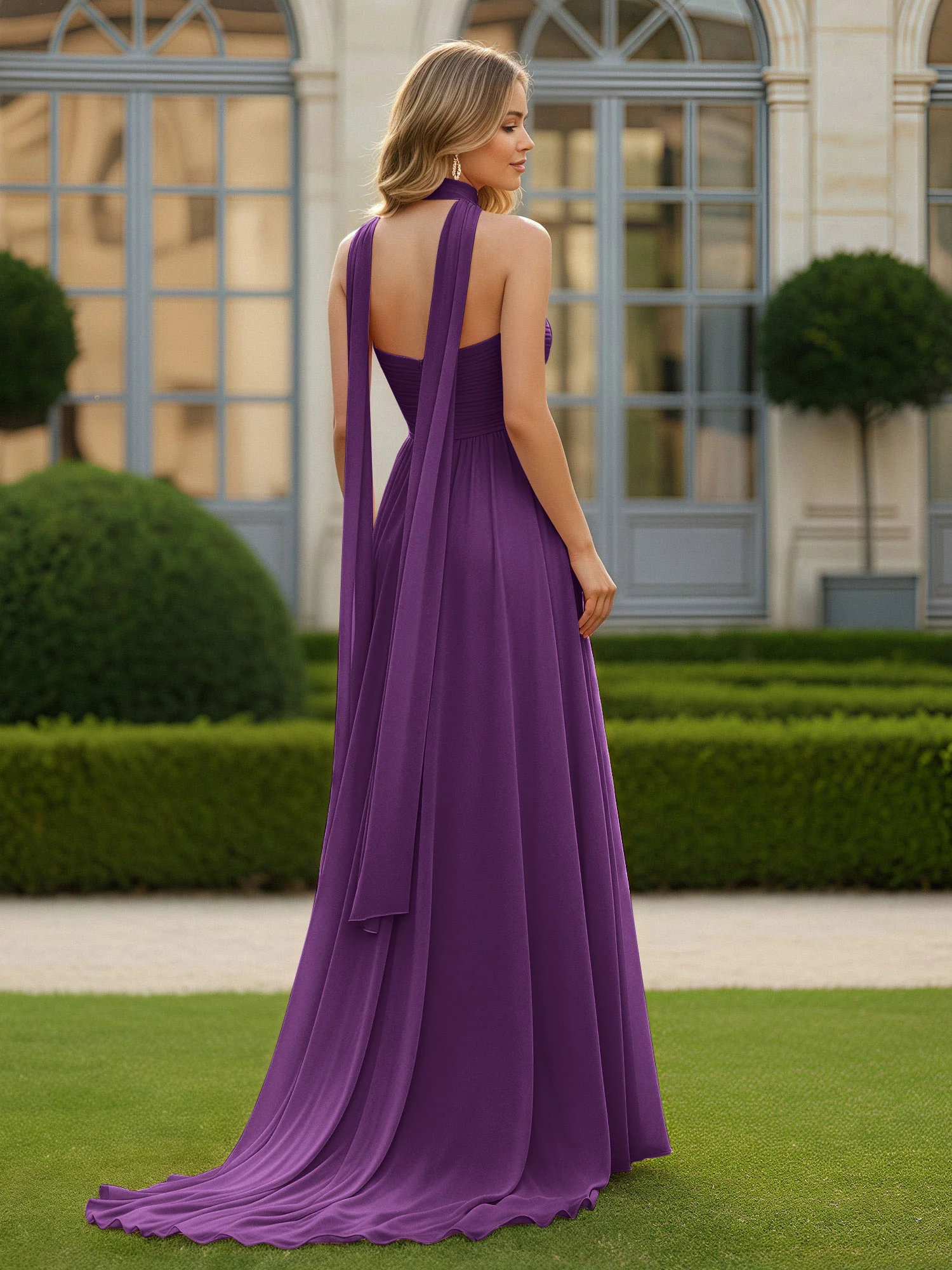 Pleated Sweetheart Neck A-line Chiffon Dress With Slit Grape - Image 2