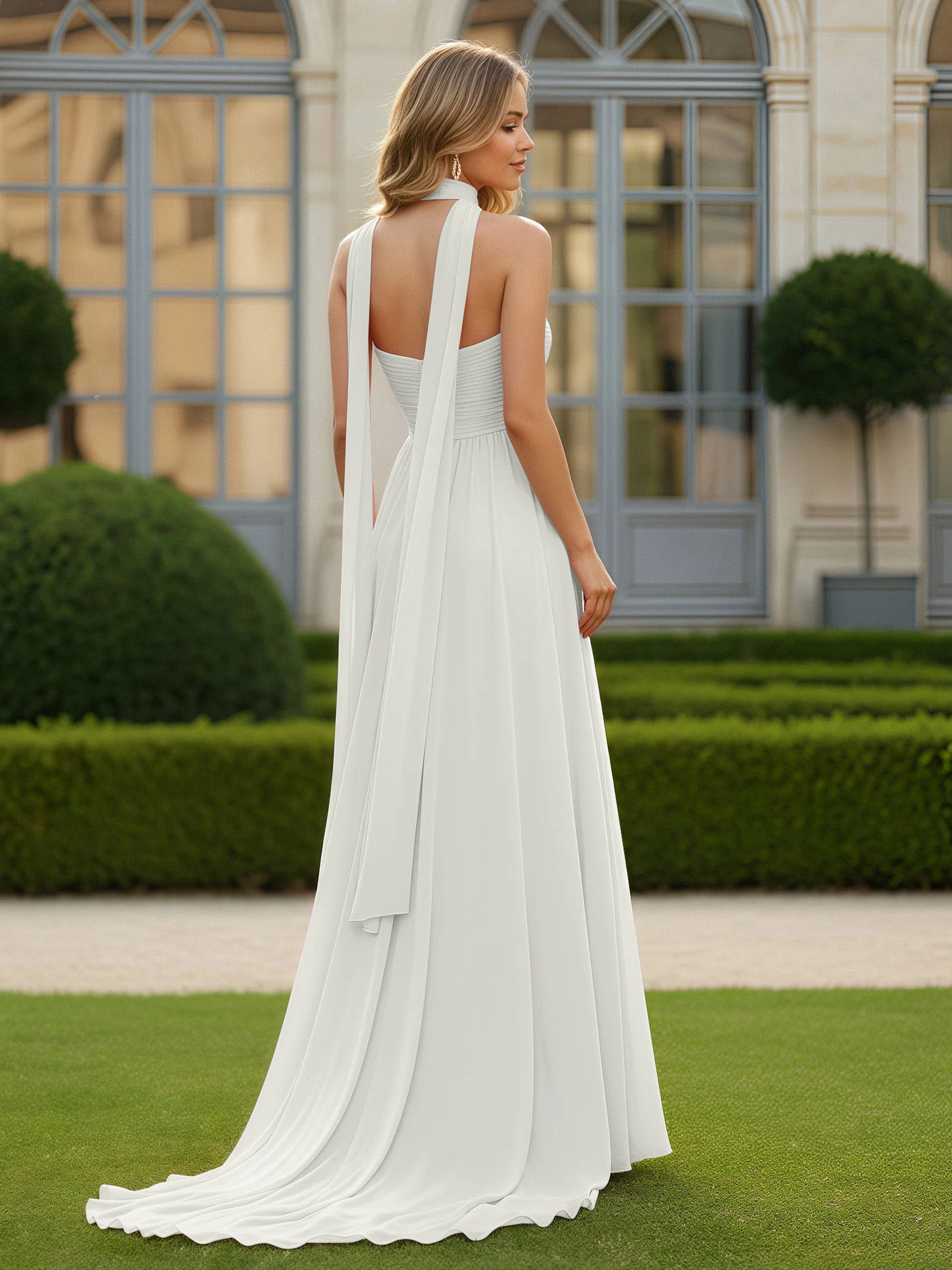 Pleated Sweetheart Neck A-line Chiffon Dress With Slit Ivory - Image 2