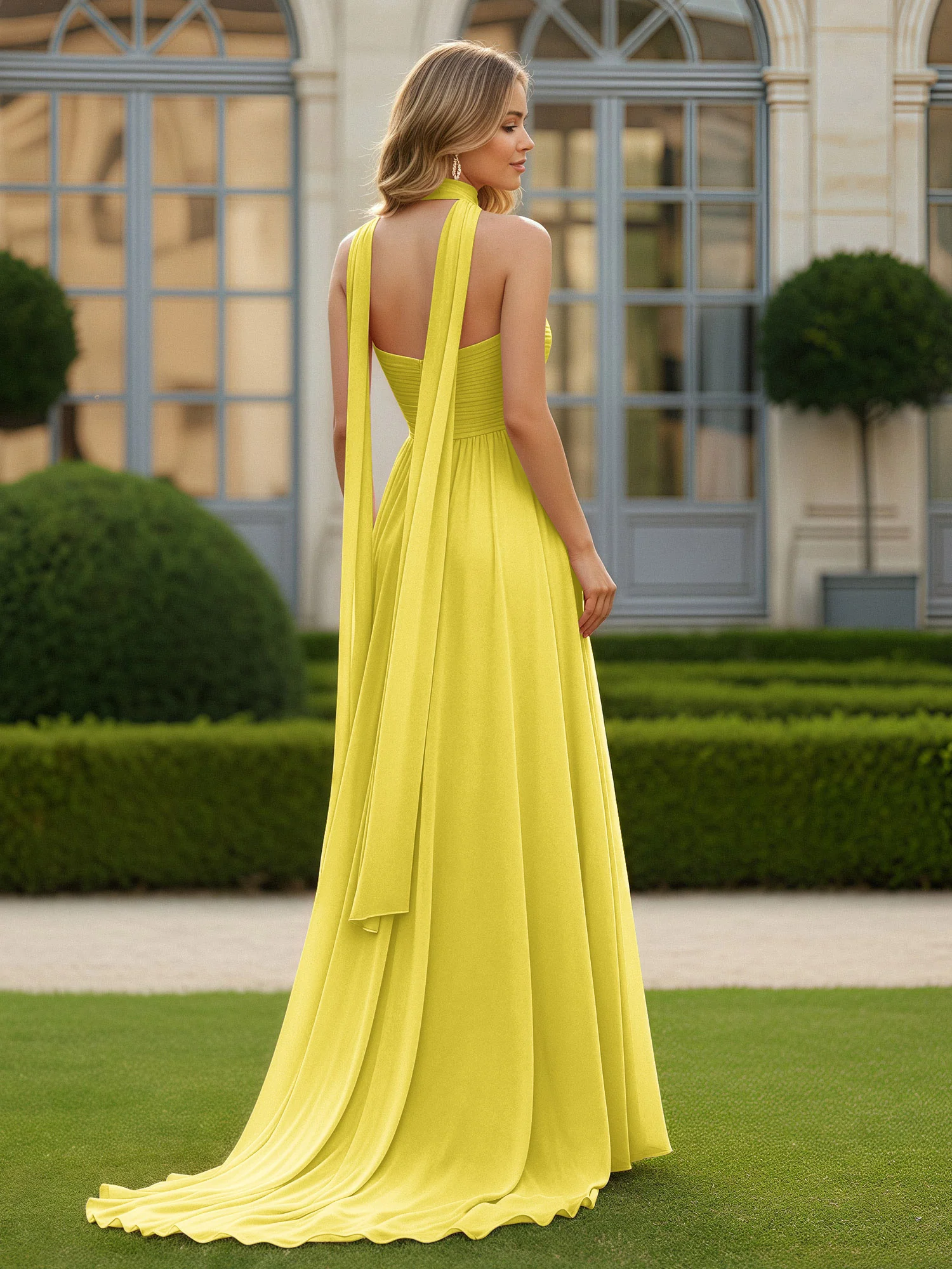 Pleated Sweetheart Neck A-line Chiffon Dress With Slit Lemon - Image 2