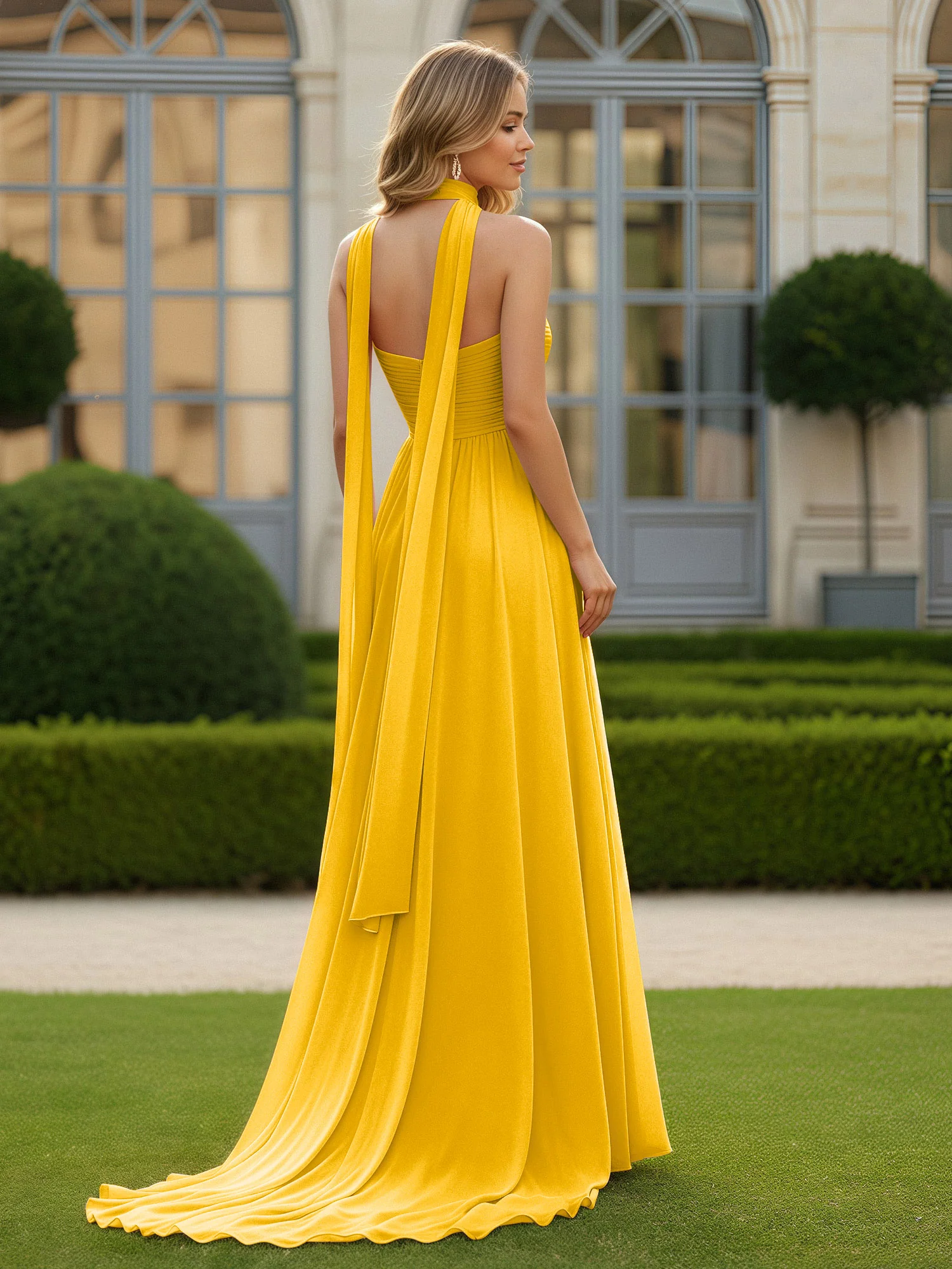 Pleated Sweetheart Neck A-line Chiffon Dress With Slit Marigold - Image 2