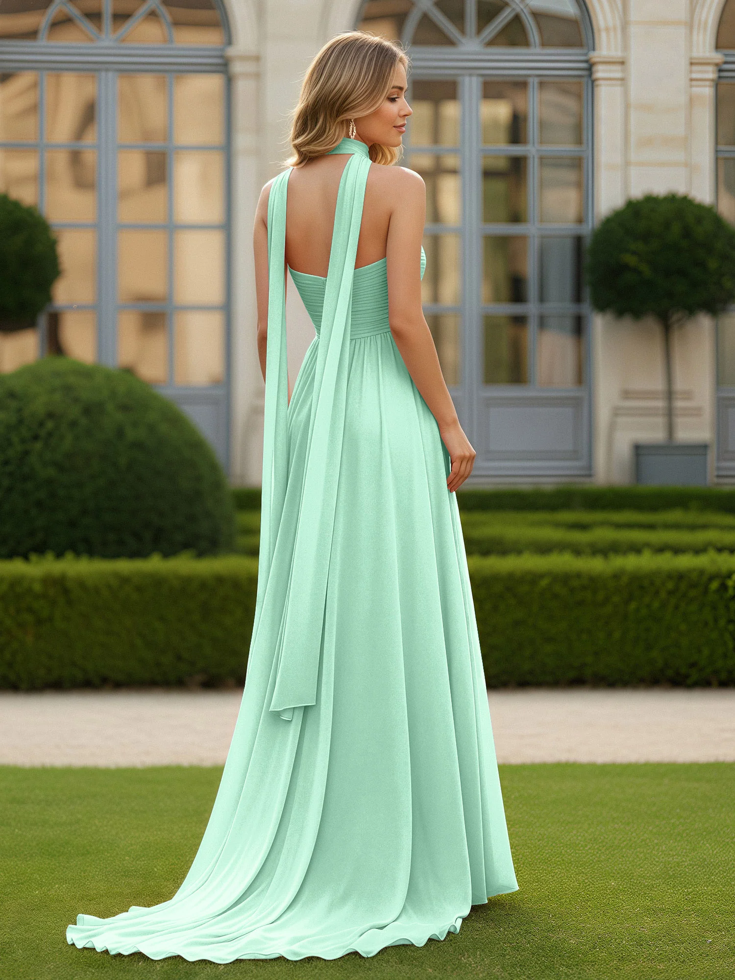 Pleated Sweetheart Neck A-line Chiffon Dress With Slit Mint Green - Image 2