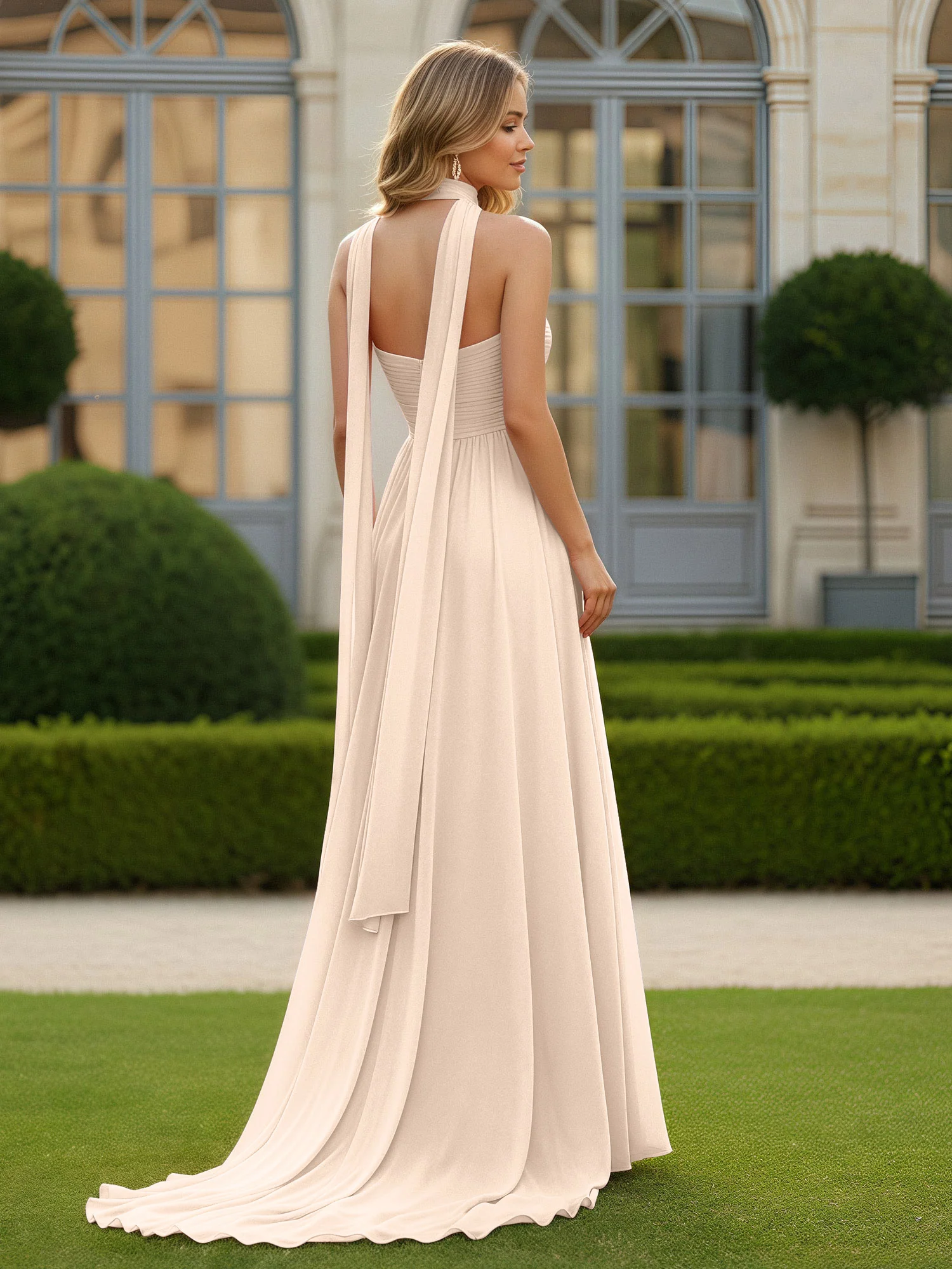 Pleated Sweetheart Neck A-line Chiffon Dress With Slit Peach - Image 2
