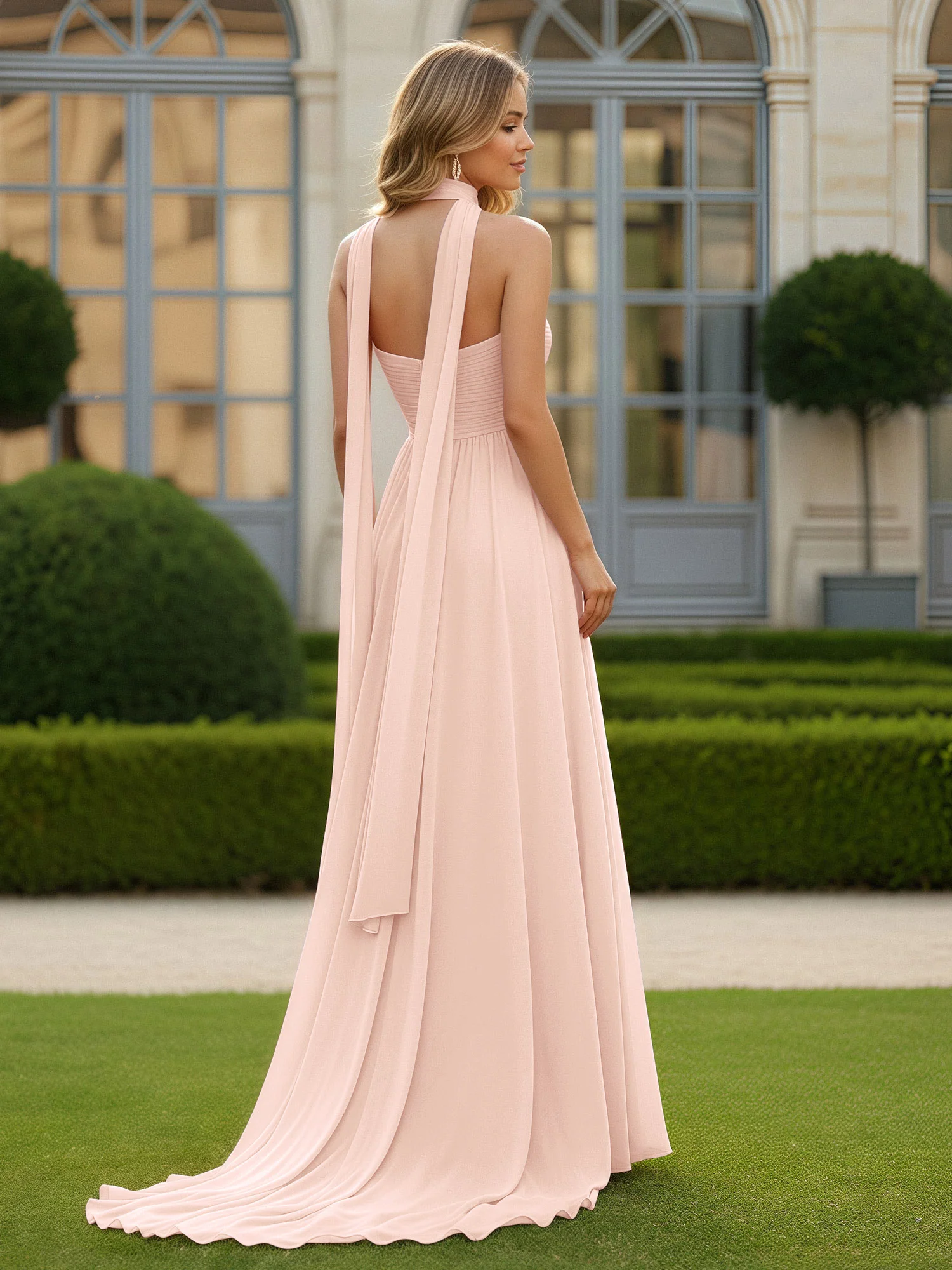 Pleated Sweetheart Neck A-line Chiffon Dress With Slit Pearl Pink - Image 2
