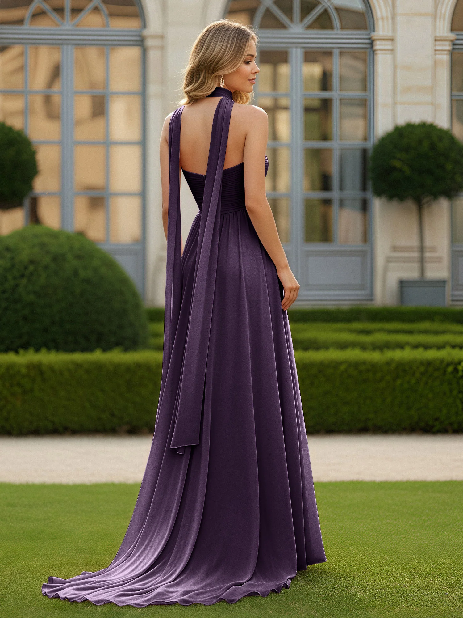 Pleated Sweetheart Neck A-line Chiffon Dress With Slit Plum - Image 2