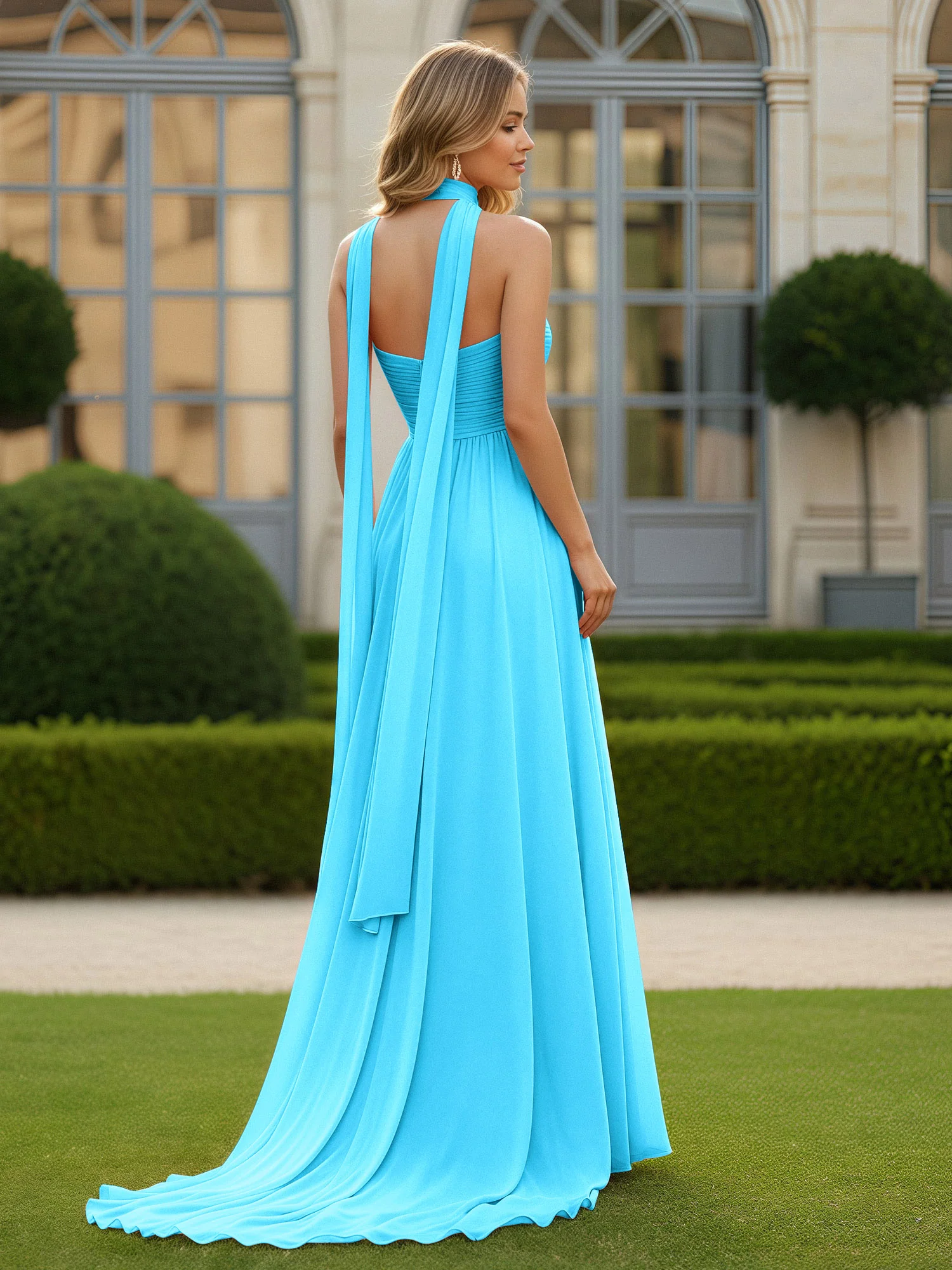 Pleated Sweetheart Neck A-line Chiffon Dress With Slit Pool - Image 2