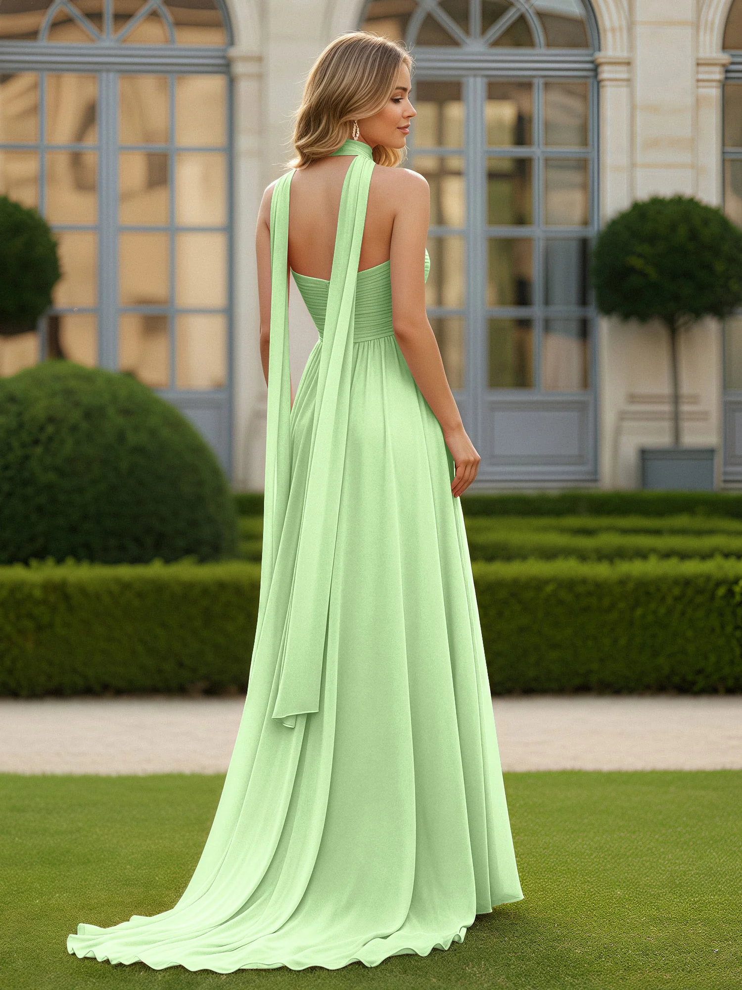 Pleated Sweetheart Neck A-line Chiffon Dress With Slit Sage - Image 2