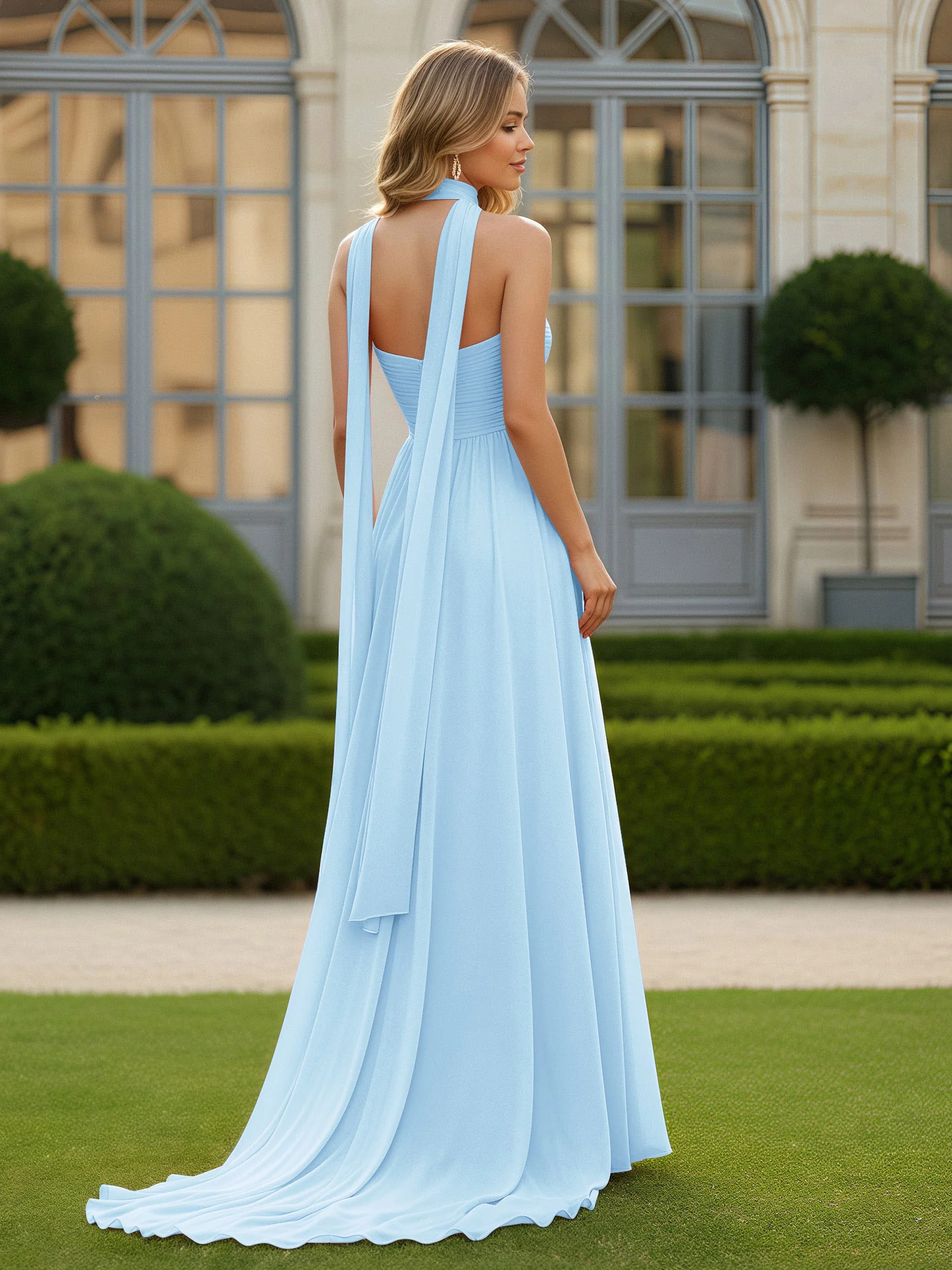 Pleated Sweetheart Neck A-line Chiffon Dress With Slit Sky Blue - Image 2