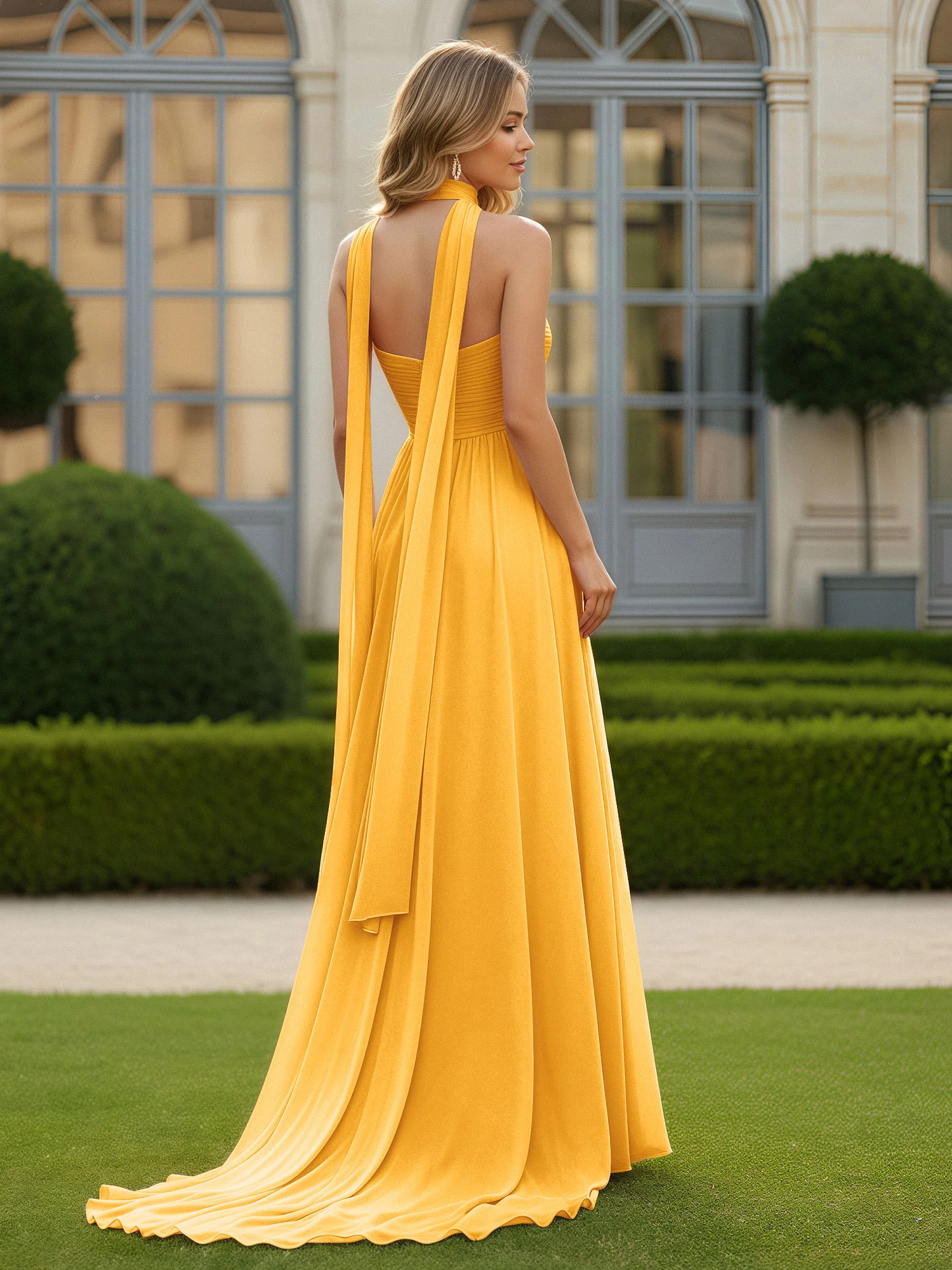 Pleated Sweetheart Neck A-line Chiffon Dress With Slit Tangerine - Image 2