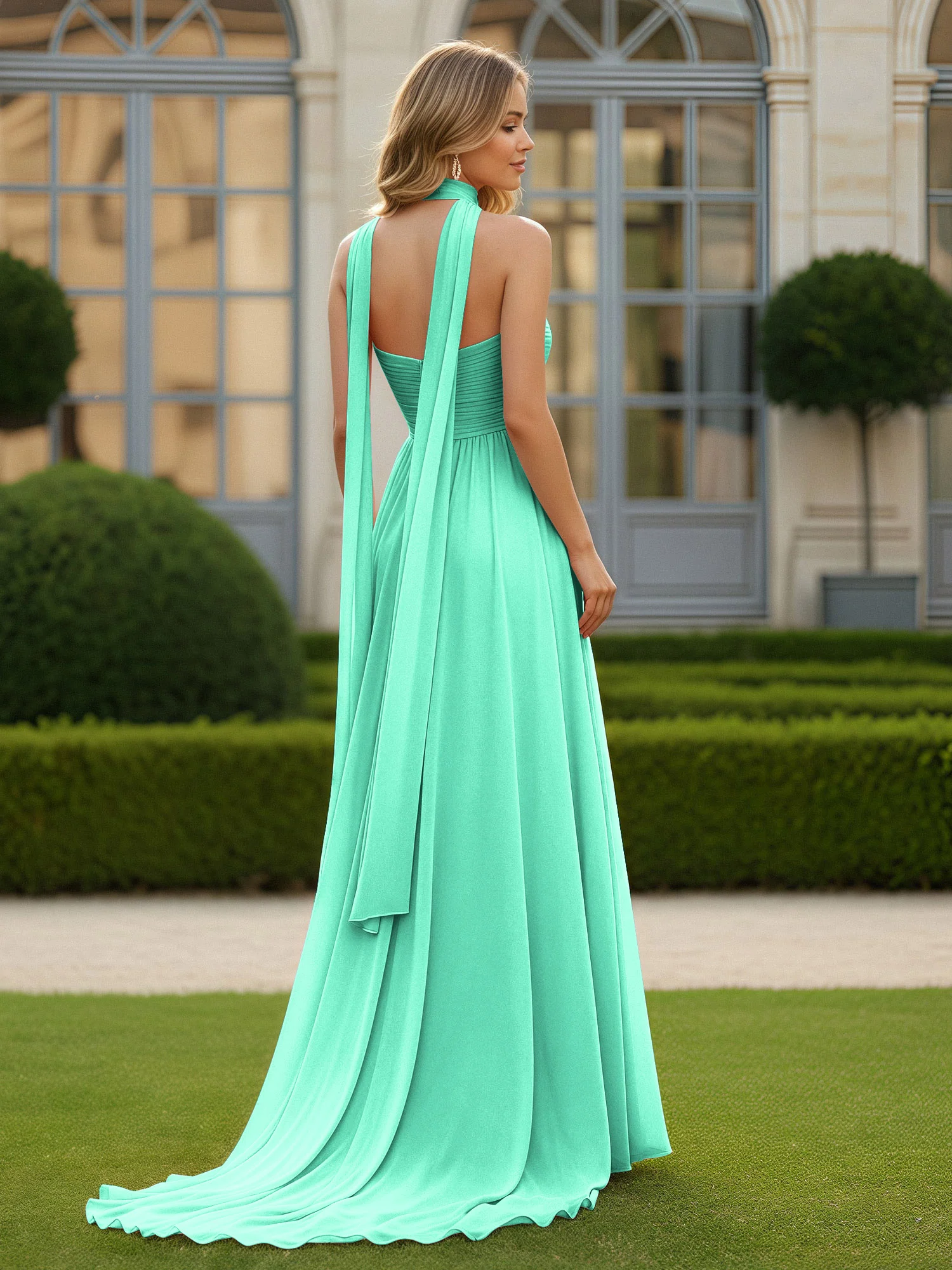 Pleated Sweetheart Neck A-line Chiffon Dress With Slit Turquoise - Image 2