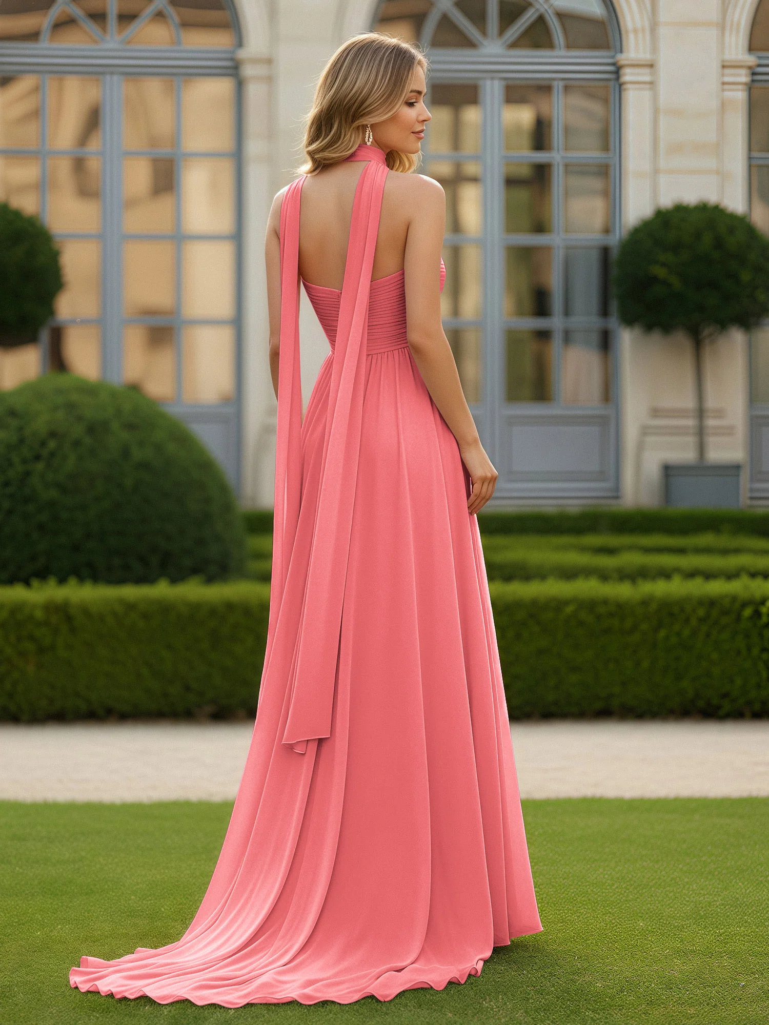 Pleated Sweetheart Neck A-line Chiffon Dress With Slit Watermelon - Image 2