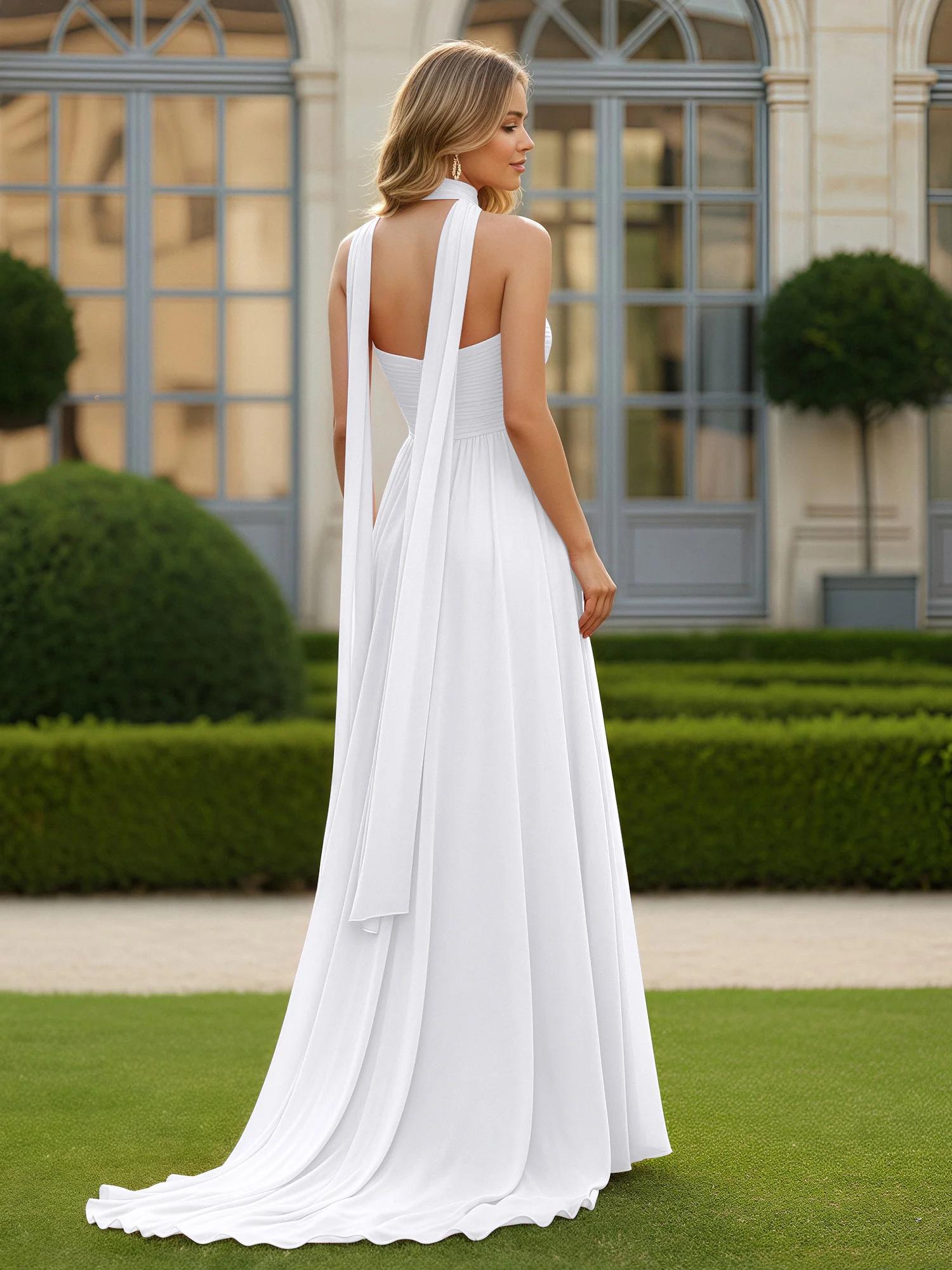 Pleated Sweetheart Neck A-line Chiffon Dress With Slit White - Image 2