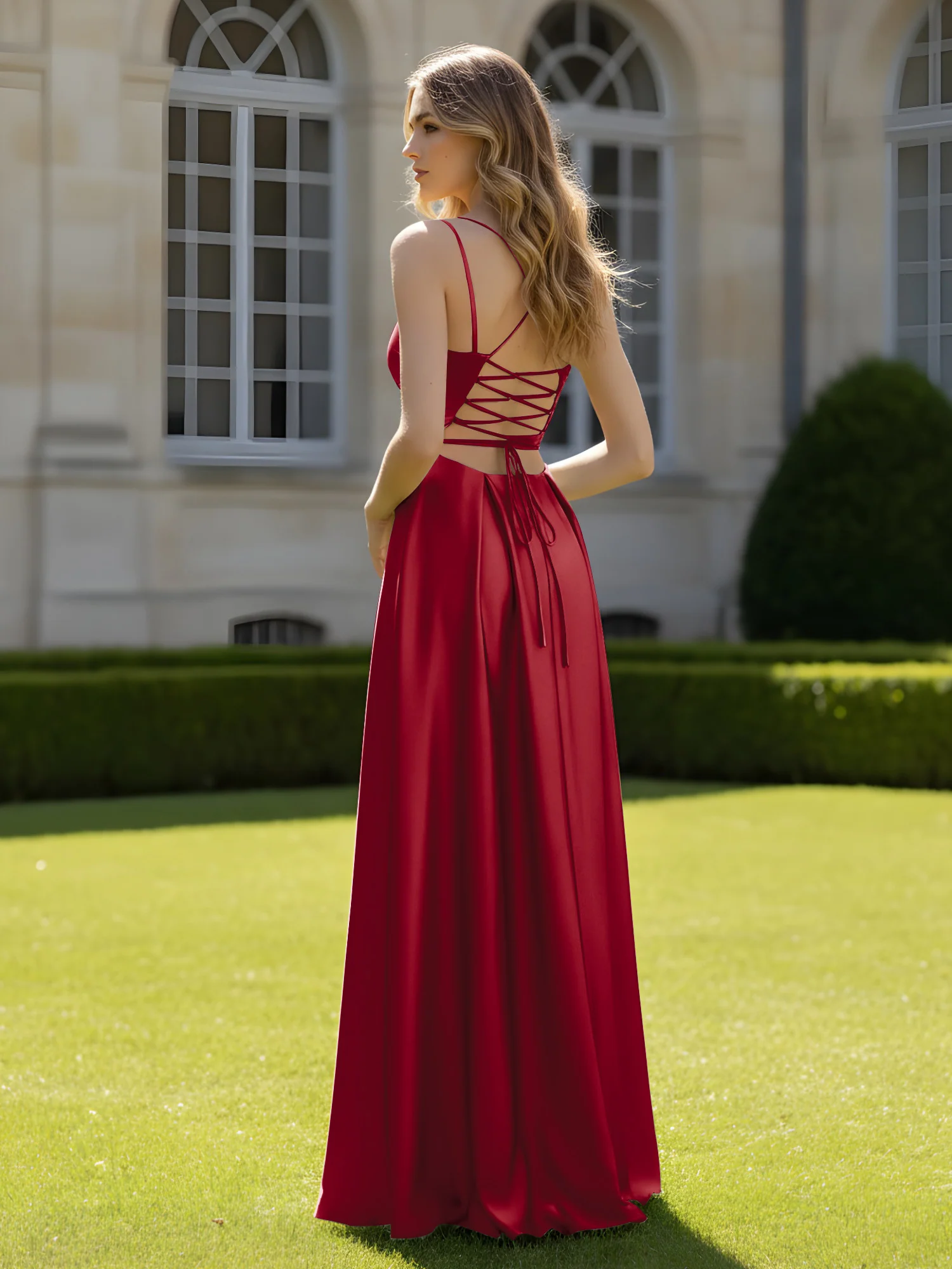 Pleated Sweetheart Neck A-Line Dress With Slit Burgundy - Image 2
