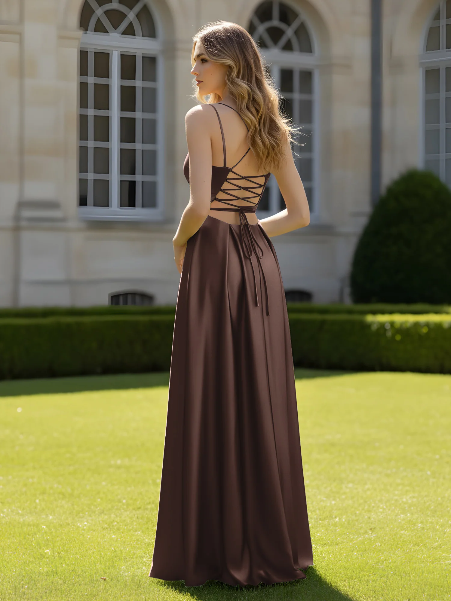 Pleated Sweetheart Neck A-Line Dress With Slit Chocolate - Image 2