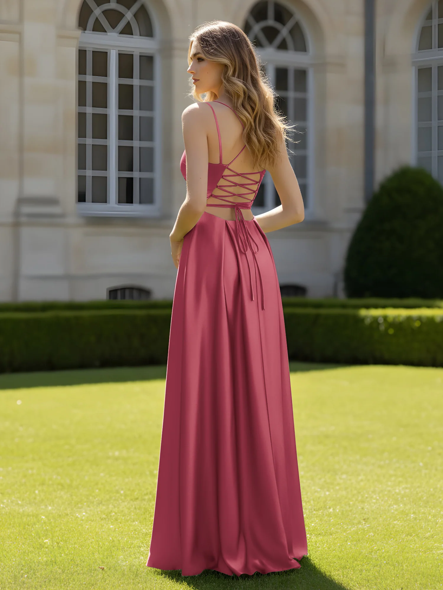 Pleated Sweetheart Neck A-Line Dress With Slit Cinnamon Rose - Image 2