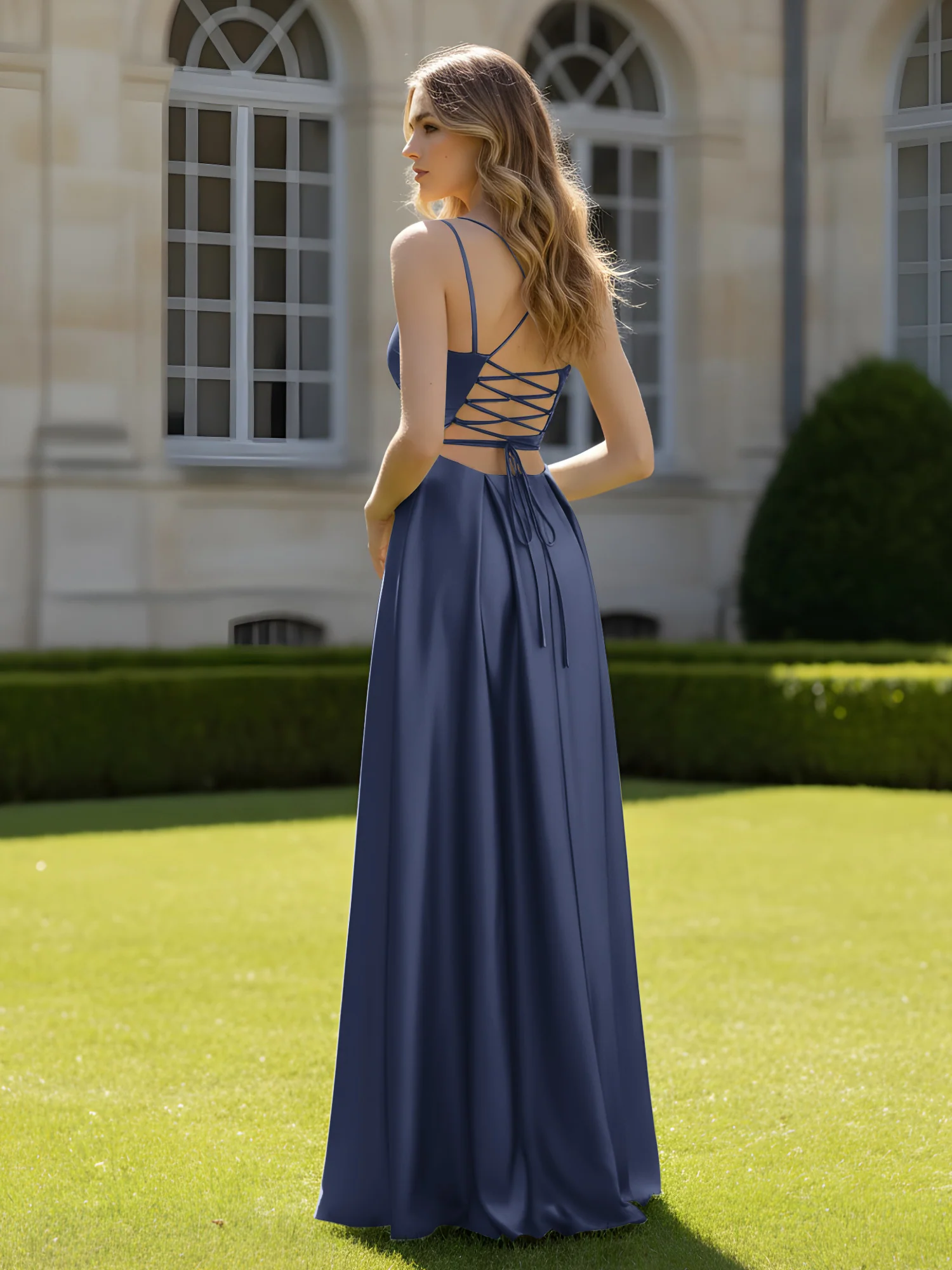Pleated Sweetheart Neck A-Line Dress With Slit Dark Navy - Image 2