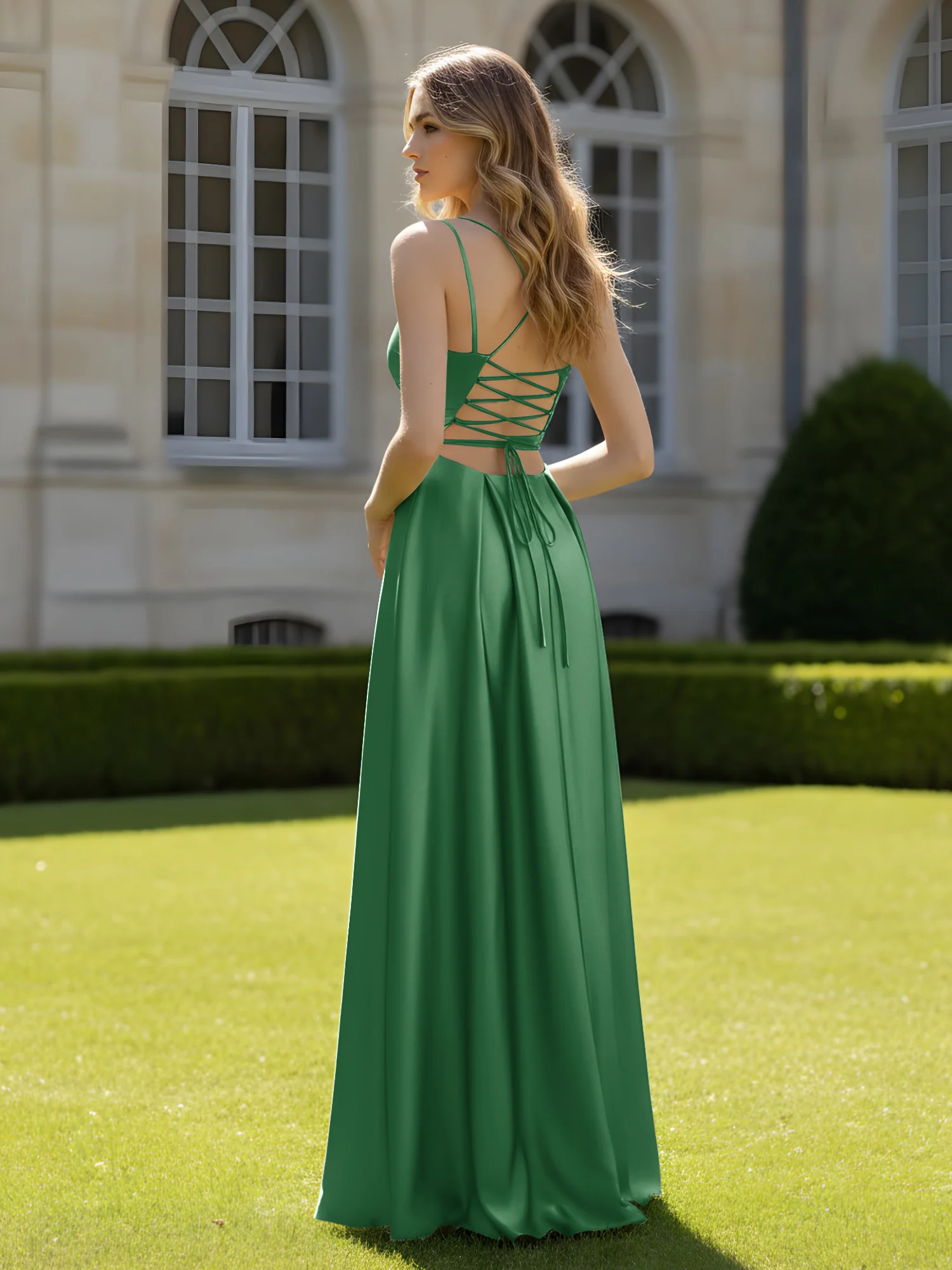 Pleated Sweetheart Neck A-Line Dress With Slit Emerald - Image 2